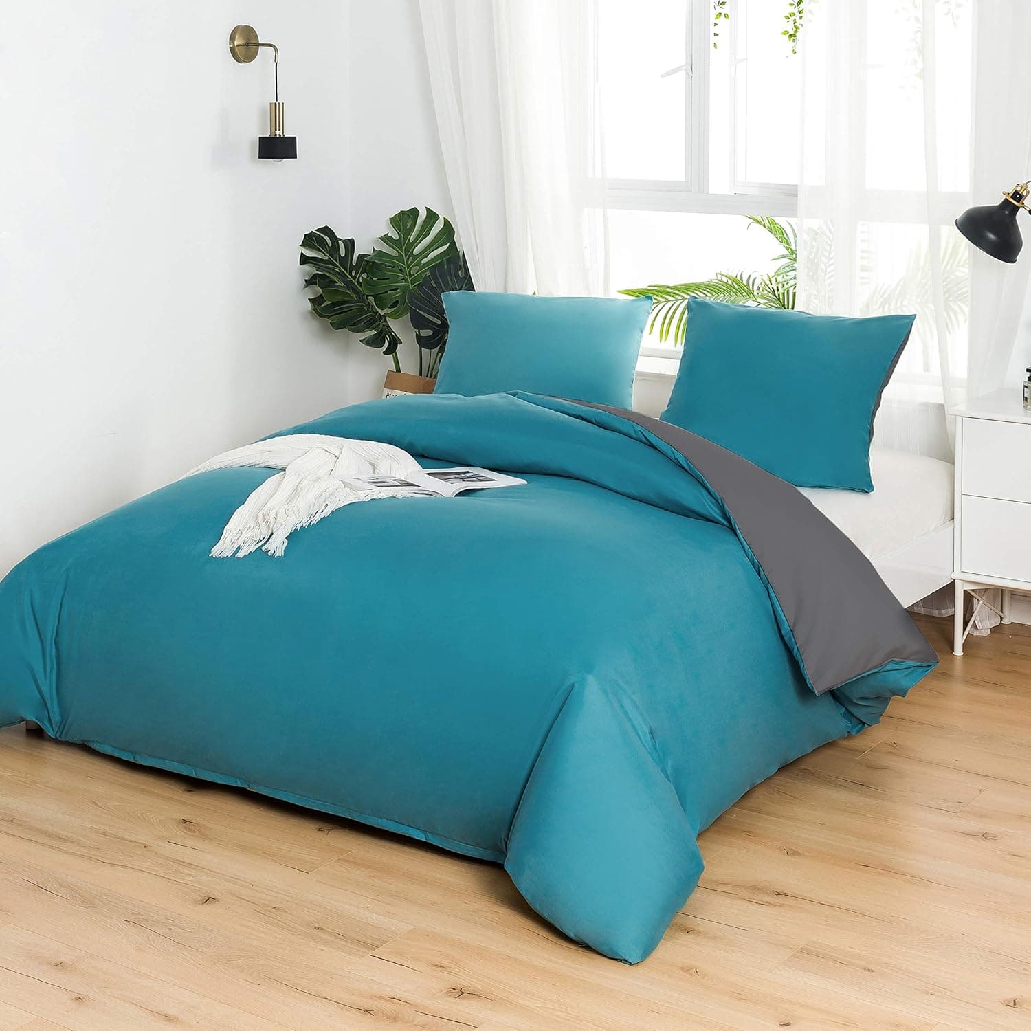 MOHAP Housse de Couette Réversible 220x240 / 65x65x2 cm Bleu Lac + Gris Foncé Parure de Lit Bicolore pour 2 Personnes Fermeture Éclair Sets de Housse Couette 2