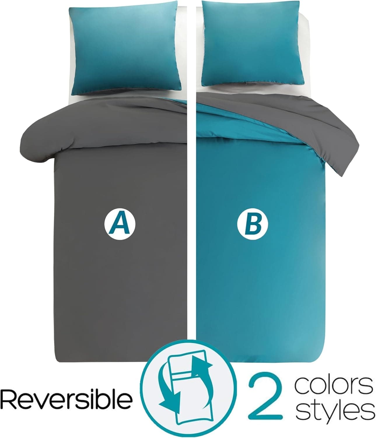 MOHAP Housse de Couette Réversible 220x240 / 65x65x2 cm Bleu Lac + Gris Foncé Parure de Lit Bicolore pour 2 Personnes Fermeture Éclair Sets de Housse Couette 3