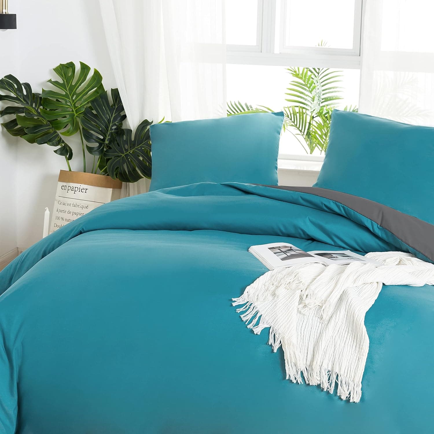 MOHAP Housse de Couette Réversible 220x240 / 65x65x2 cm Bleu Lac + Gris Foncé Parure de Lit Bicolore pour 2 Personnes Fermeture Éclair Sets de Housse Couette 4