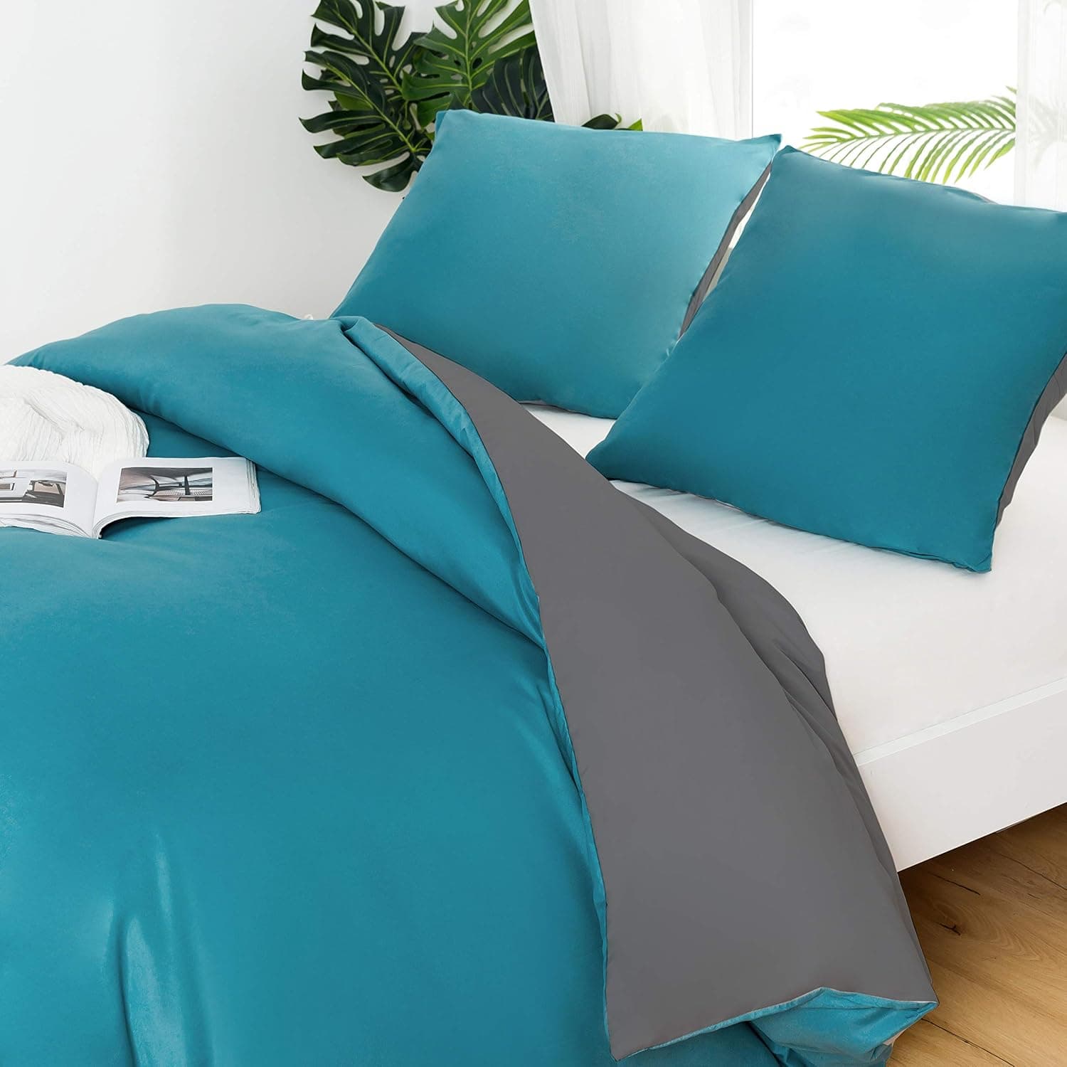 MOHAP Housse de Couette Réversible 220x240 / 65x65x2 cm Bleu Lac + Gris Foncé Parure de Lit Bicolore pour 2 Personnes Fermeture Éclair Sets de Housse Couette 5