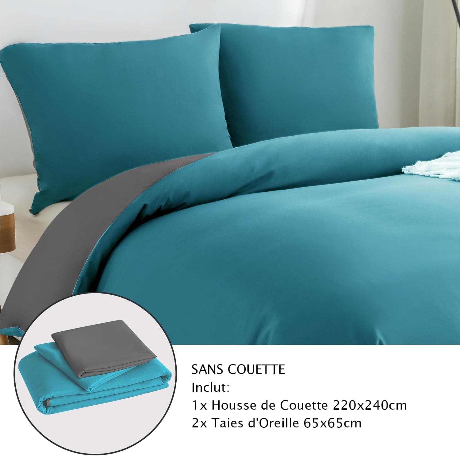 MOHAP Housse de Couette Réversible 220x240 / 65x65x2 cm Bleu Lac + Gris Foncé Parure de Lit Bicolore pour 2 Personnes Fermeture Éclair Sets de Housse Couette 7