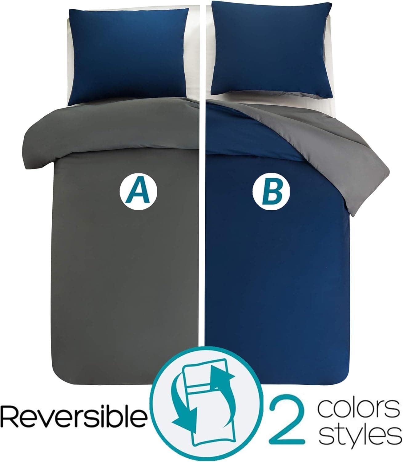 MOHAP Housse de Couette Réversible 200x200 / 65x65x2 cm Bleu + Gris Foncé Parure de Lit Bicolore pour 2 Personnes Fermeture Éclair Sets de Housse Couette 3