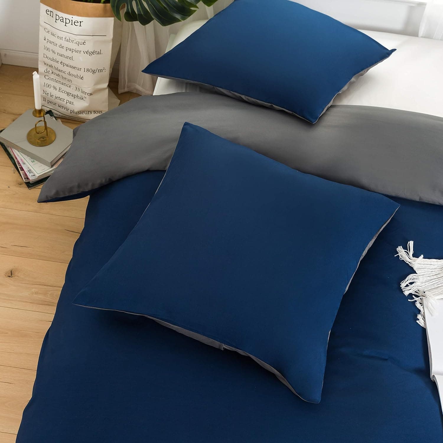 MOHAP Housse de Couette Réversible 240x260 / 65x65x2 cm Bleu + Gris Foncé Parure de Lit Bicolore pour 2 Personnes Fermeture Éclair Sets de Housse Couette 4