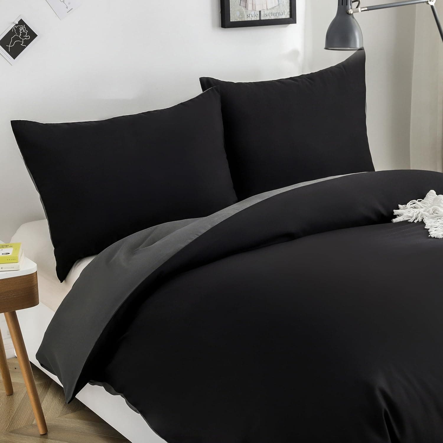 MOHAP Housse de Couette Réversible 240x260 / 65x65x2 cm Noir + Gris Foncé Parure de Lit Bicolore pour 2 Personnes Fermeture Éclair Sets de Housse Couette 4