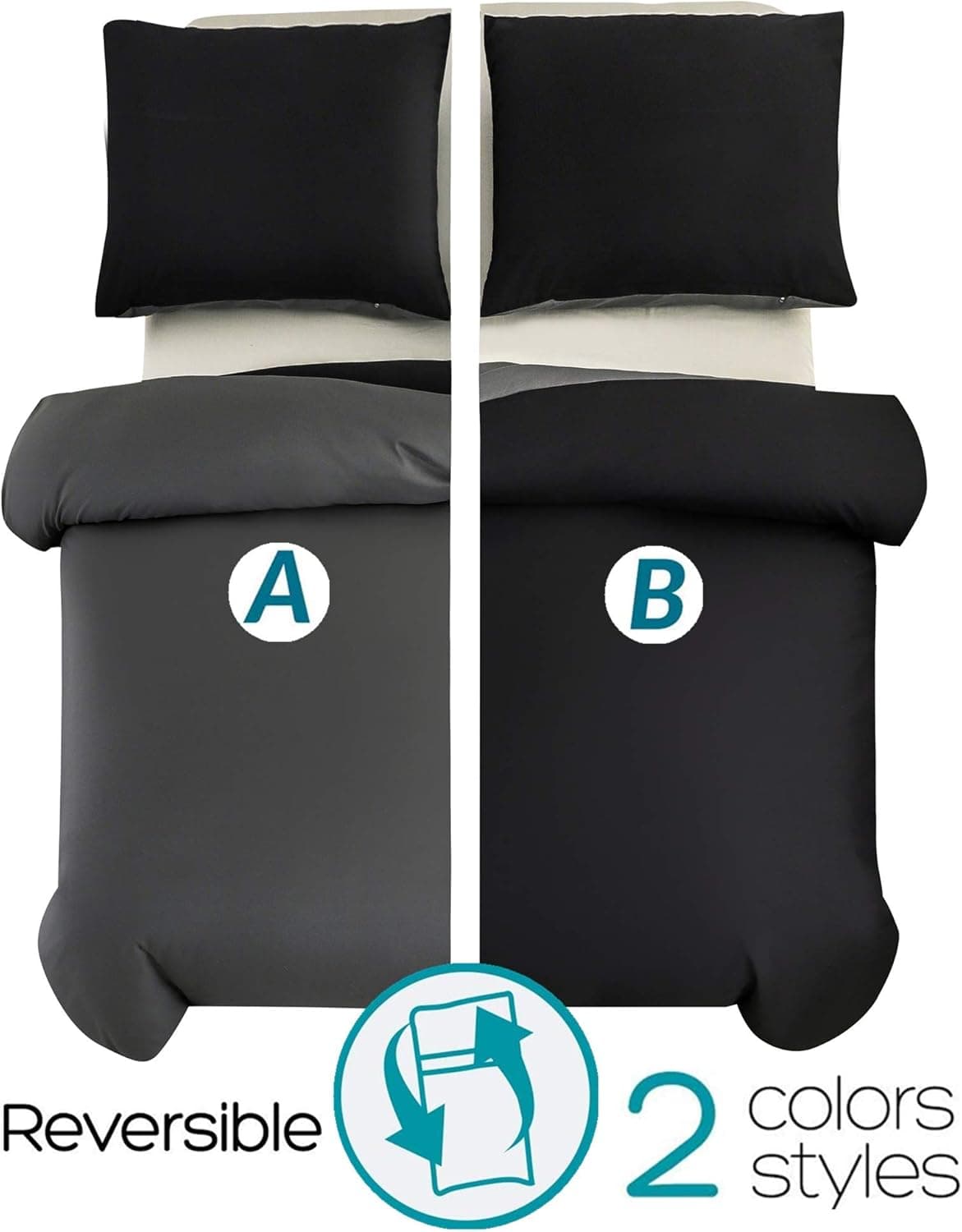 MOHAP Housse de Couette Réversible 240x260 / 65x65x2 cm Noir + Gris Foncé Parure de Lit Bicolore pour 2 Personnes Fermeture Éclair Sets de Housse Couette 5