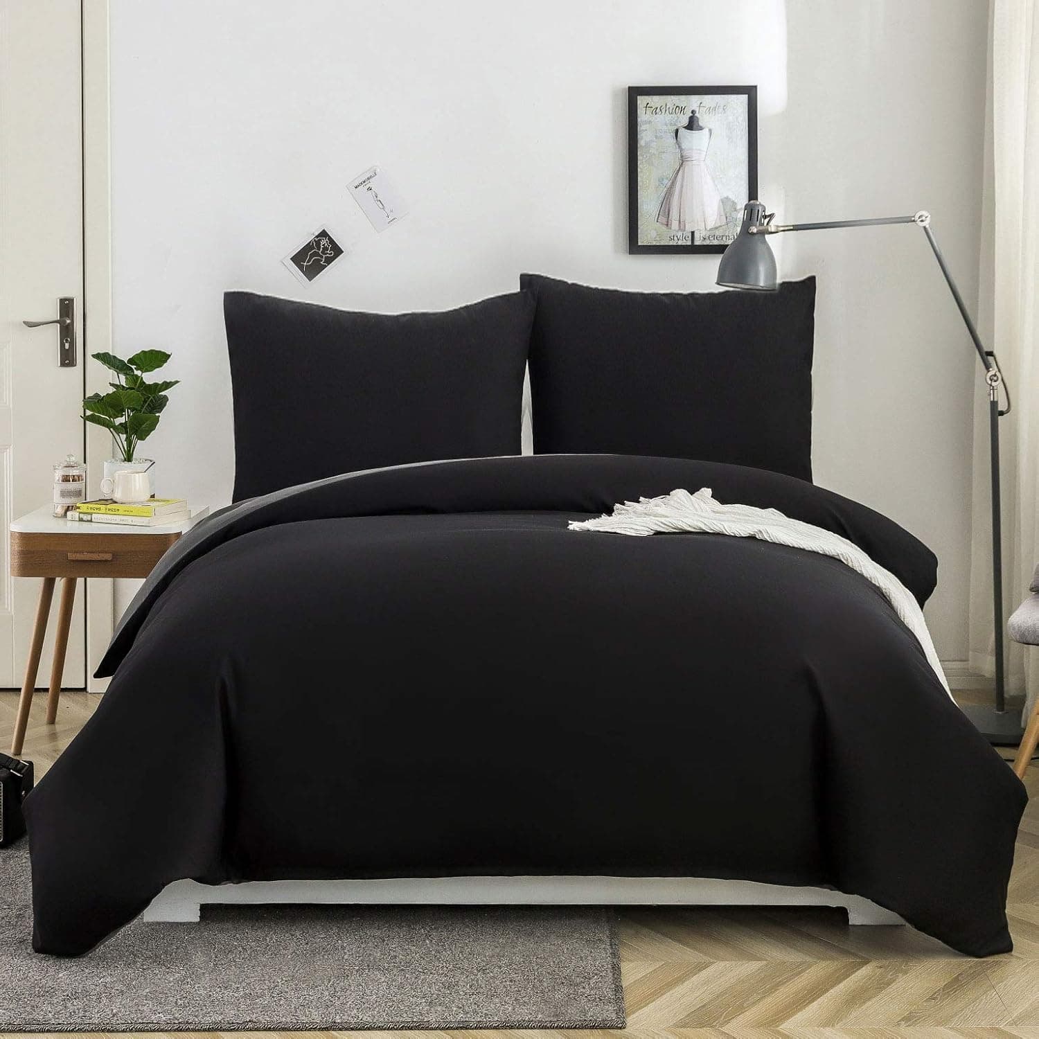MOHAP Housse de Couette Réversible 200x200 / 65x65x2 cm Noir + Gris Foncé Parure de Lit Bicolore pour 2 Personnes Fermeture Éclair Sets de Housse Couette
