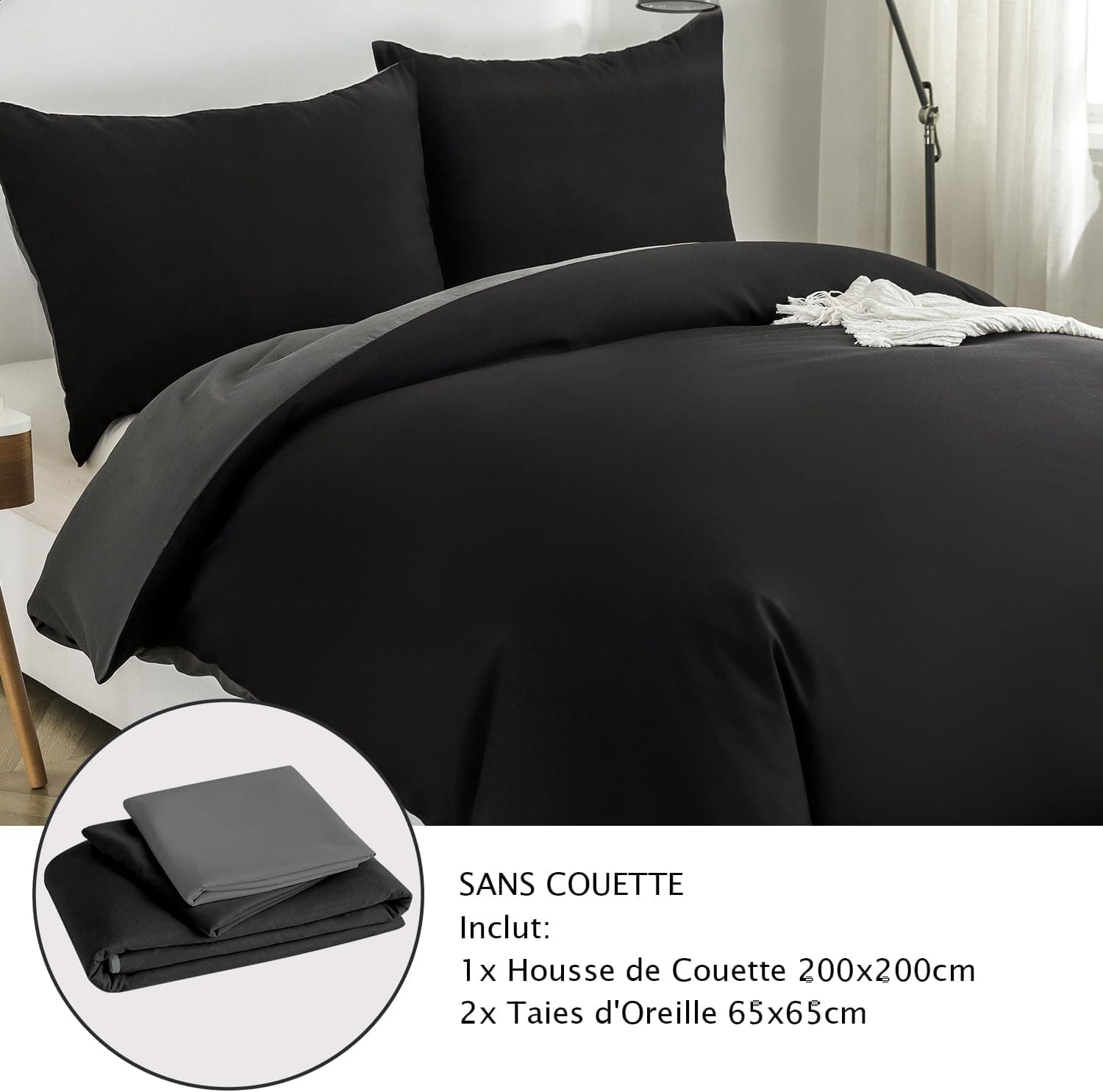 MOHAP Housse de Couette Réversible 200x200 / 65x65x2 cm Noir + Gris Foncé Parure de Lit Bicolore pour 2 Personnes Fermeture Éclair Sets de Housse Couette 7