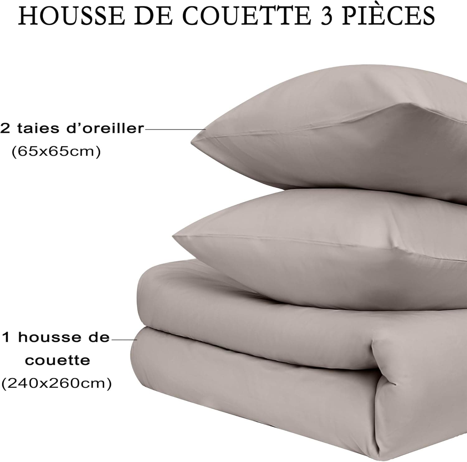 16 Couleurs Sets de Housses de Couettes 240x260 cm Double Fermeture Éclair 3 Pièces Microfibre Brossée 100 Fils/cm² + 2 Taies d'oreiller 65x65 cm Kaki Parure de Lit Adulte 2 Personnes 7