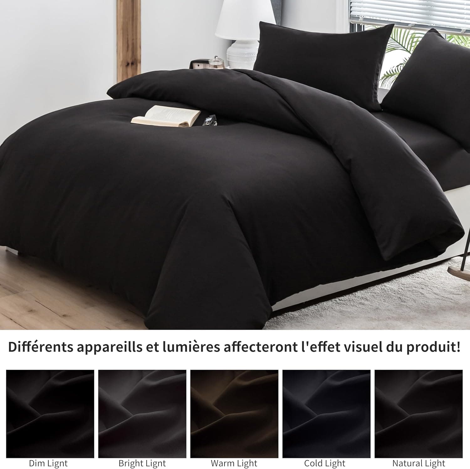16 Couleurs Sets de Housses de Couettes 240x260 cm Double Fermeture Éclair 3 Pièces Microfibre Brossée 100 Fils/cm² + 2 Taies d'oreiller 65x65 cm Noir Parure de Lit Adulte 2 Personnes 6