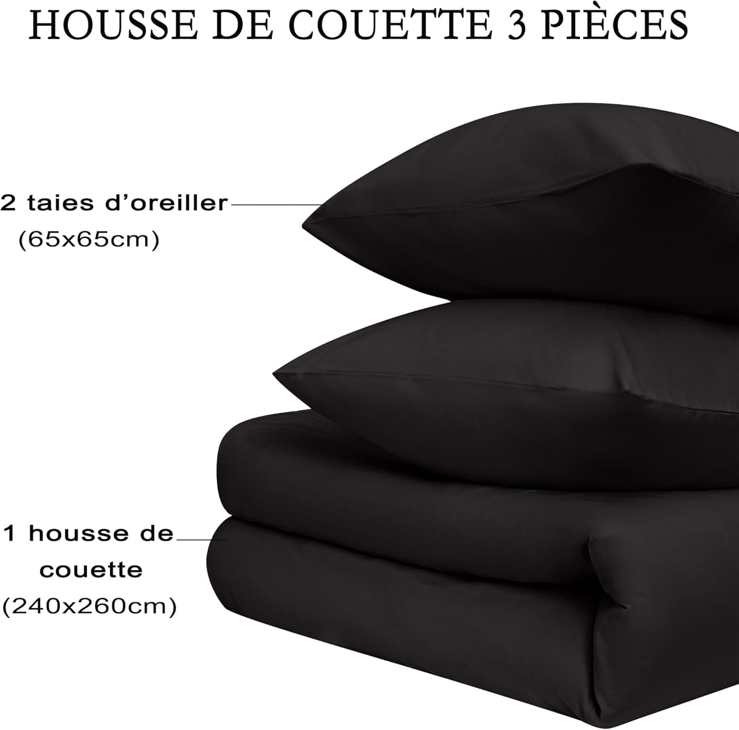 16 Couleurs Sets de Housses de Couettes 240x260 cm Double Fermeture Éclair 3 Pièces Microfibre Brossée 100 Fils/cm² + 2 Taies d'oreiller 65x65 cm Noir Parure de Lit Adulte 2 Personnes 7
