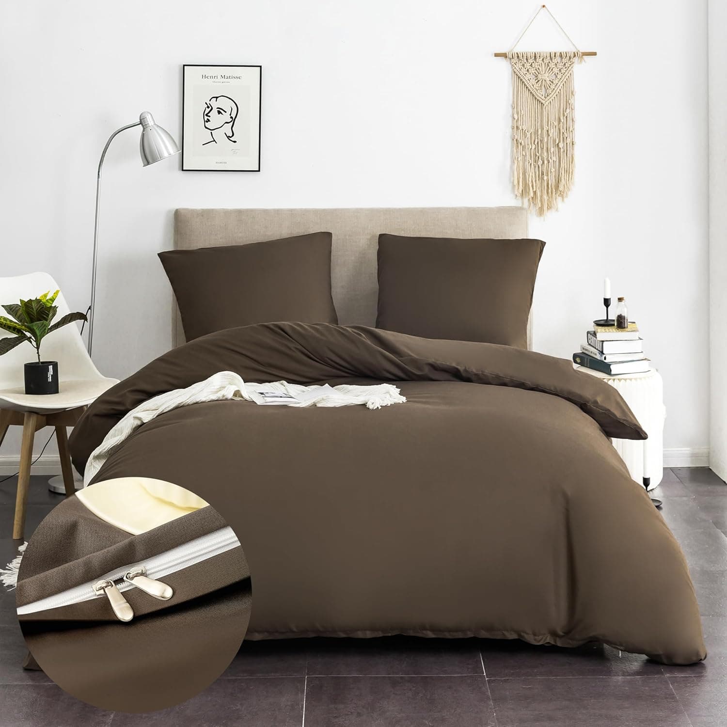16 Couleurs Sets de Housses de Couettes 240x260 cm Double Fermeture Éclair 3 Pièces Microfibre Brossée 100 Fils/cm² + 2 Taies d'oreiller 65x65 cm Café Parure de Lit Adulte 2 Personnes