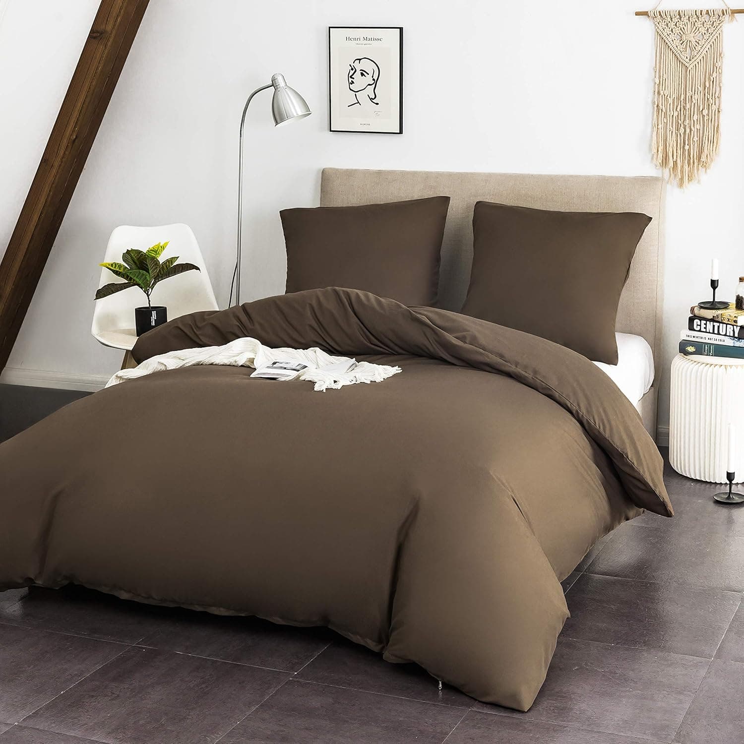 16 Couleurs Sets de Housses de Couettes 240x260 cm Double Fermeture Éclair 3 Pièces Microfibre Brossée 100 Fils/cm² + 2 Taies d'oreiller 65x65 cm Café Parure de Lit Adulte 2 Personnes 2