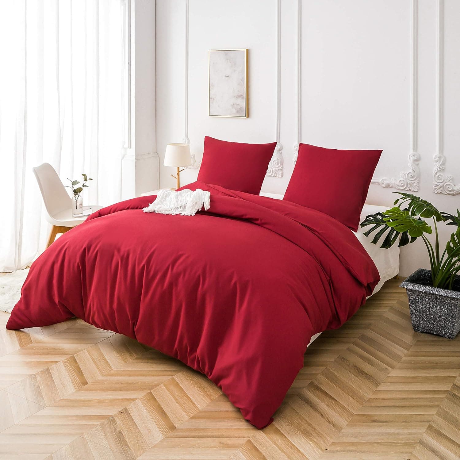 16 Couleurs Sets de Housses de Couettes 240x260 cm Double Fermeture Éclair 3 Pièces Microfibre Brossée 100 Fils/cm² + 2 Taies d'oreiller 65x65 cm Rouge Parure de Lit Adulte 2 Personnes 2