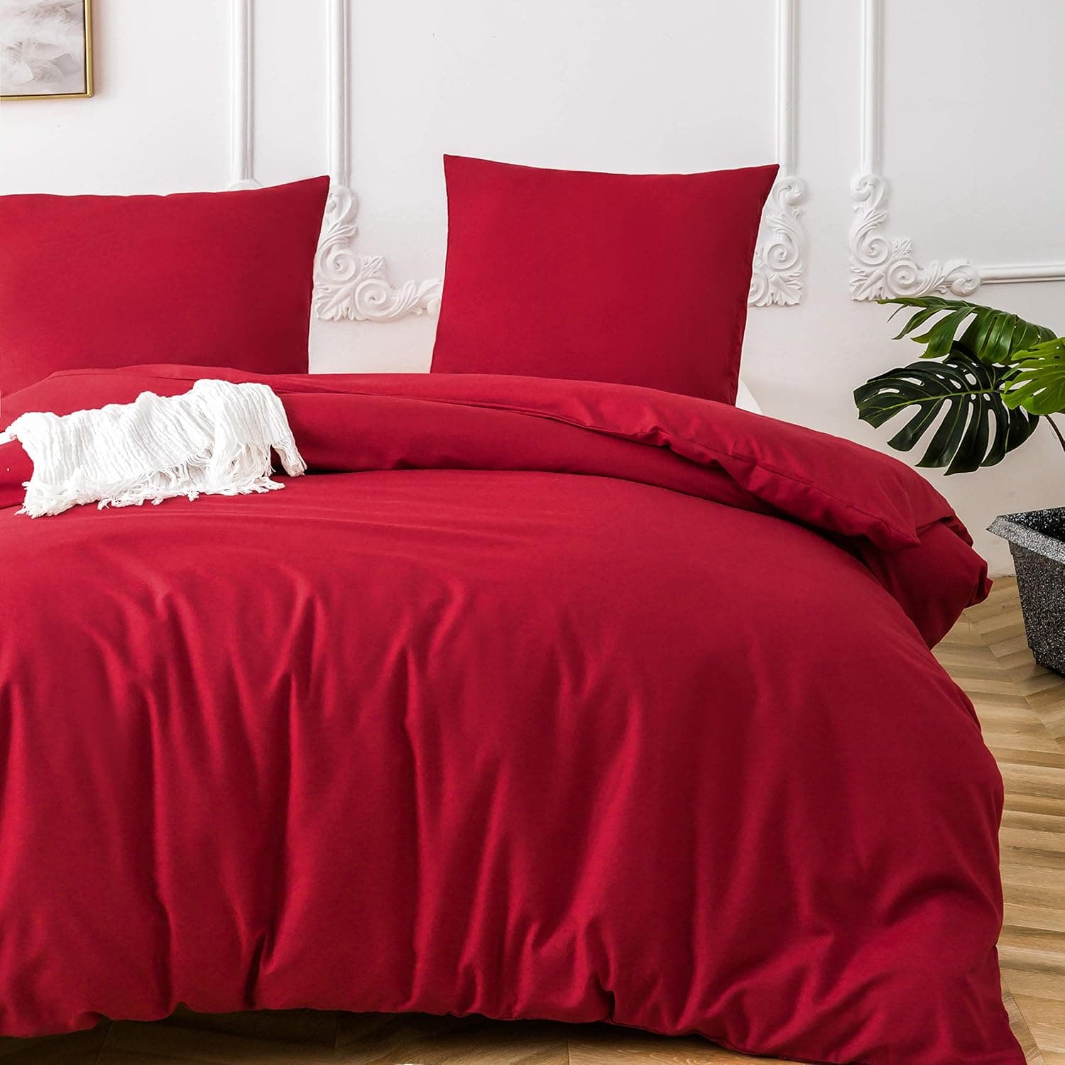 16 Couleurs Sets de Housses de Couettes 240x260 cm Double Fermeture Éclair 3 Pièces Microfibre Brossée 100 Fils/cm² + 2 Taies d'oreiller 65x65 cm Rouge Parure de Lit Adulte 2 Personnes 3
