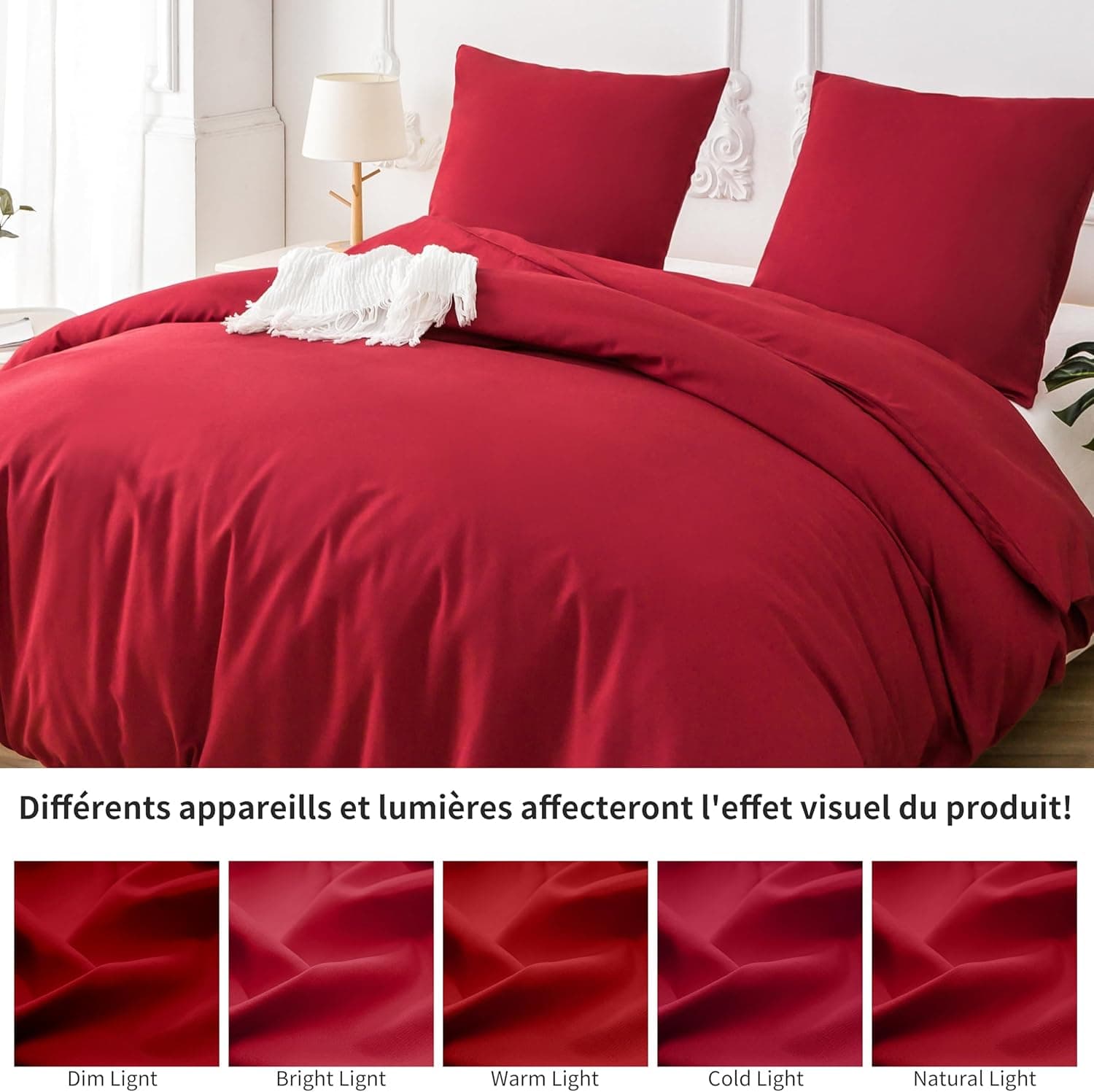 16 Couleurs Sets de Housses de Couettes 240x260 cm Double Fermeture Éclair 3 Pièces Microfibre Brossée 100 Fils/cm² + 2 Taies d'oreiller 65x65 cm Rouge Parure de Lit Adulte 2 Personnes 6