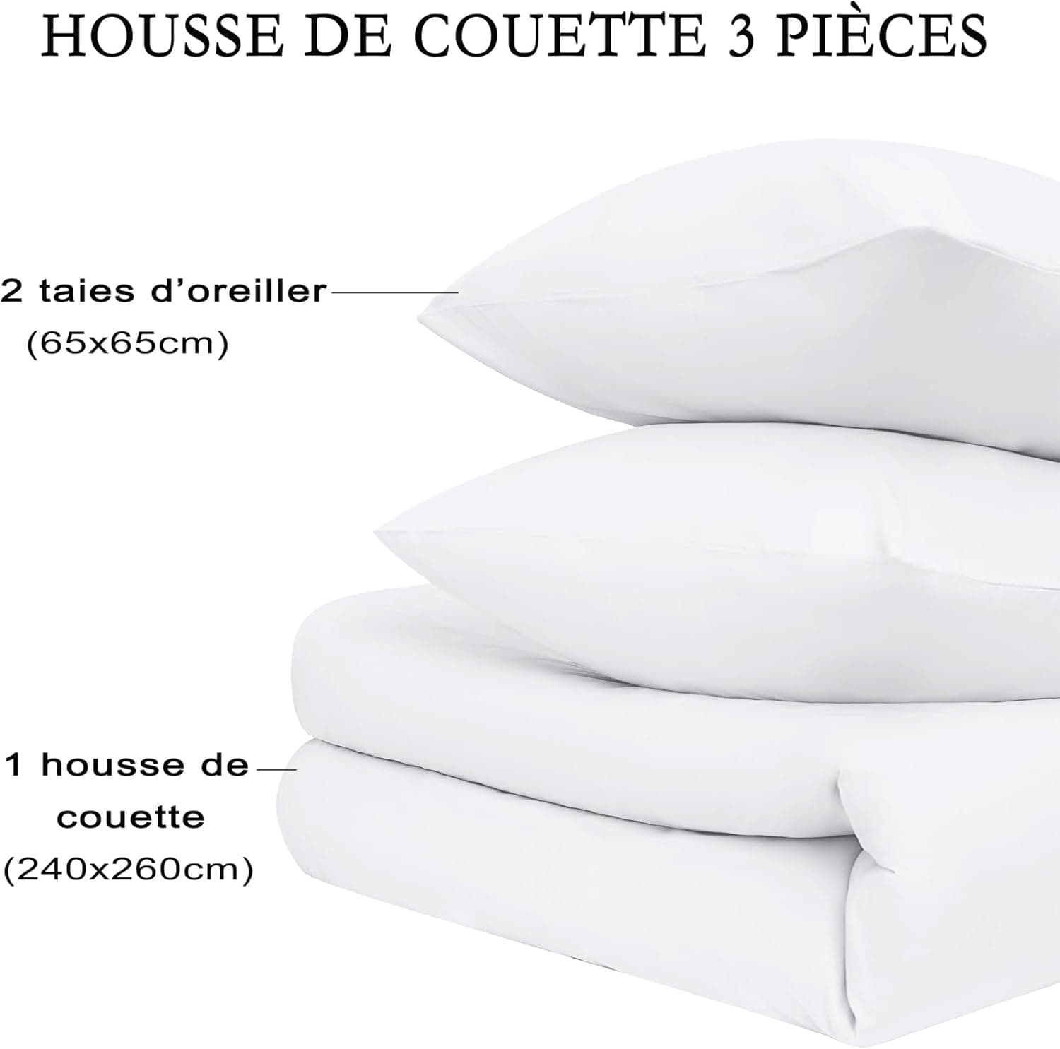 16 Couleurs Sets de Housses de Couettes 240x260 cm Double Fermeture Éclair 3 Pièces Microfibre Brossée 100 Fils/cm² + 2 Taies d'oreiller 65x65 cm Blanc Parure de Lit Adulte 2 Personnes 7