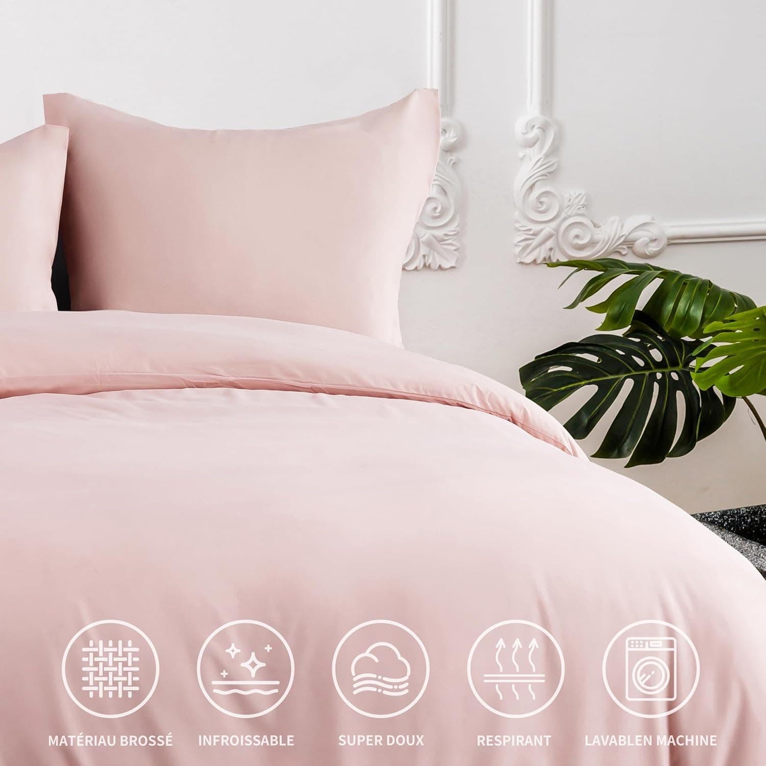 16 Couleurs Sets de Housses de Couettes 240x260 cm Double Fermeture Éclair 3 Pièces Microfibre Brossée 100 Fils/cm² + 2 Taies d'oreiller 65x65 cm Rose Parure de Lit Adulte 2 Personnes 3