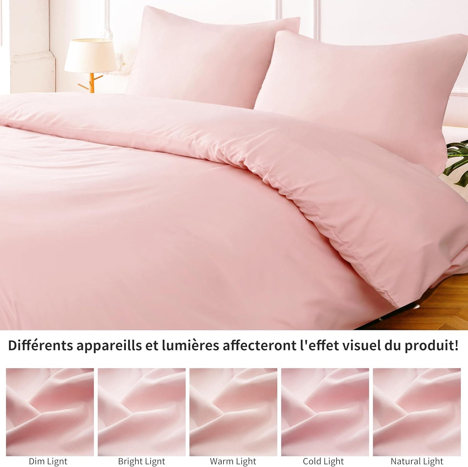 16 Couleurs Sets de Housses de Couettes 240x260 cm Double Fermeture Éclair 3 Pièces Microfibre Brossée 100 Fils/cm² + 2 Taies d'oreiller 65x65 cm Rose Parure de Lit Adulte 2 Personnes 6