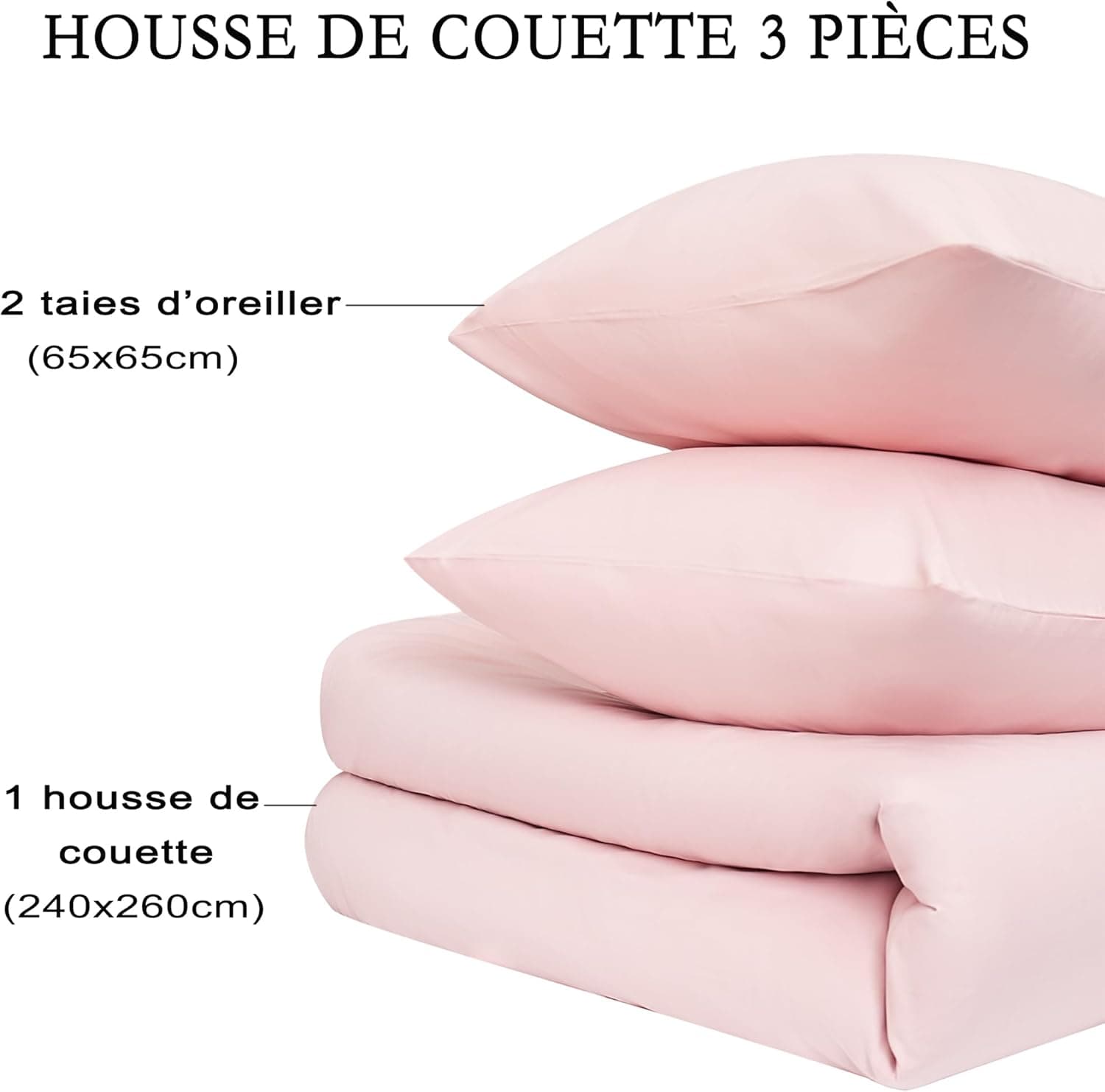 16 Couleurs Sets de Housses de Couettes 240x260 cm Double Fermeture Éclair 3 Pièces Microfibre Brossée 100 Fils/cm² + 2 Taies d'oreiller 65x65 cm Rose Parure de Lit Adulte 2 Personnes 7