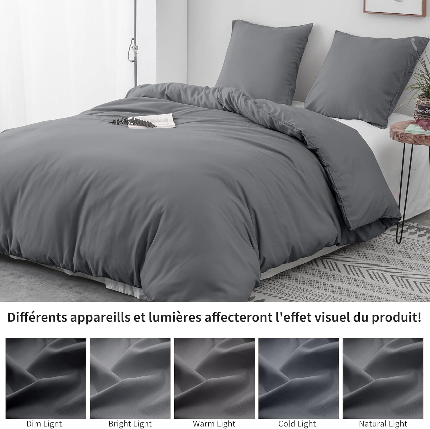 16 Couleurs Sets de Housses de Couettes 240x260 cm Double Fermeture Éclair 3 Pièces Microfibre Brossée 100 Fils/cm² + 2 Taies d'oreiller 65x65 cm Gris Parure de Lit Adulte 2 Personnes 6