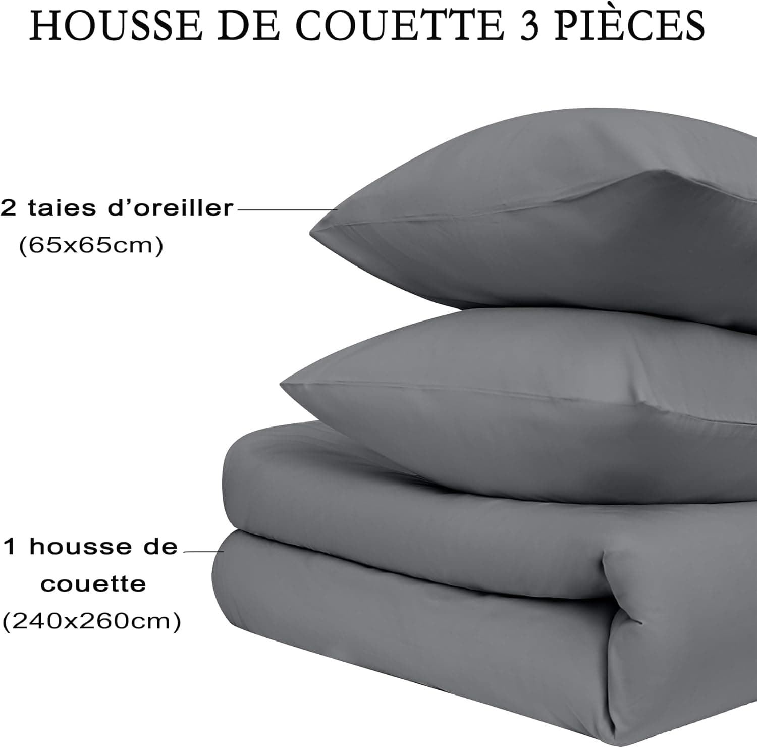 16 Couleurs Sets de Housses de Couettes 240x260 cm Double Fermeture Éclair 3 Pièces Microfibre Brossée 100 Fils/cm² + 2 Taies d'oreiller 65x65 cm Gris Parure de Lit Adulte 2 Personnes 7