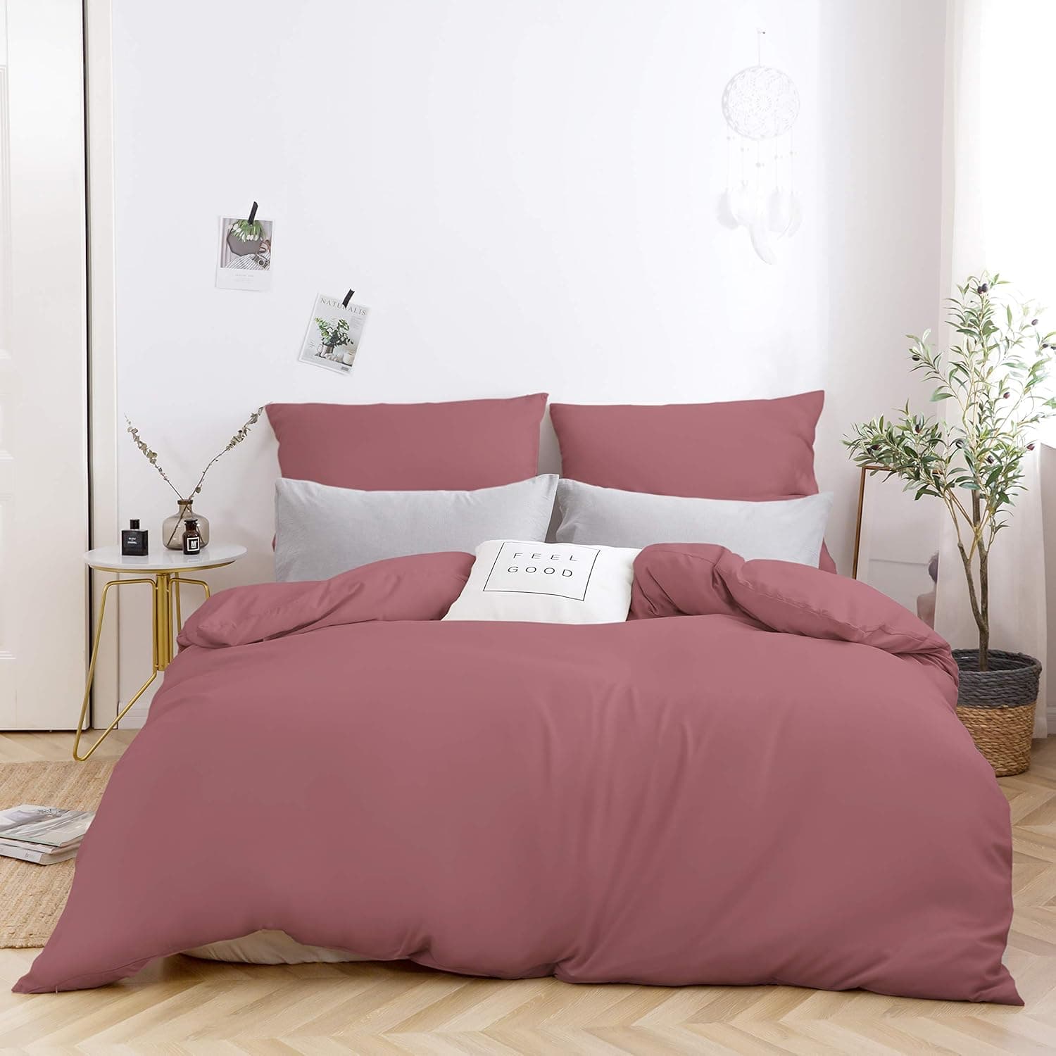 MOHAP Housse de Couette 220x240cm+2 Taies d'oreillers 65x65cm Vieux Rose Parure de Lit Adulte 2 Personnes 100 Fils/cm² en Microfibre avec Fermeture Éclair