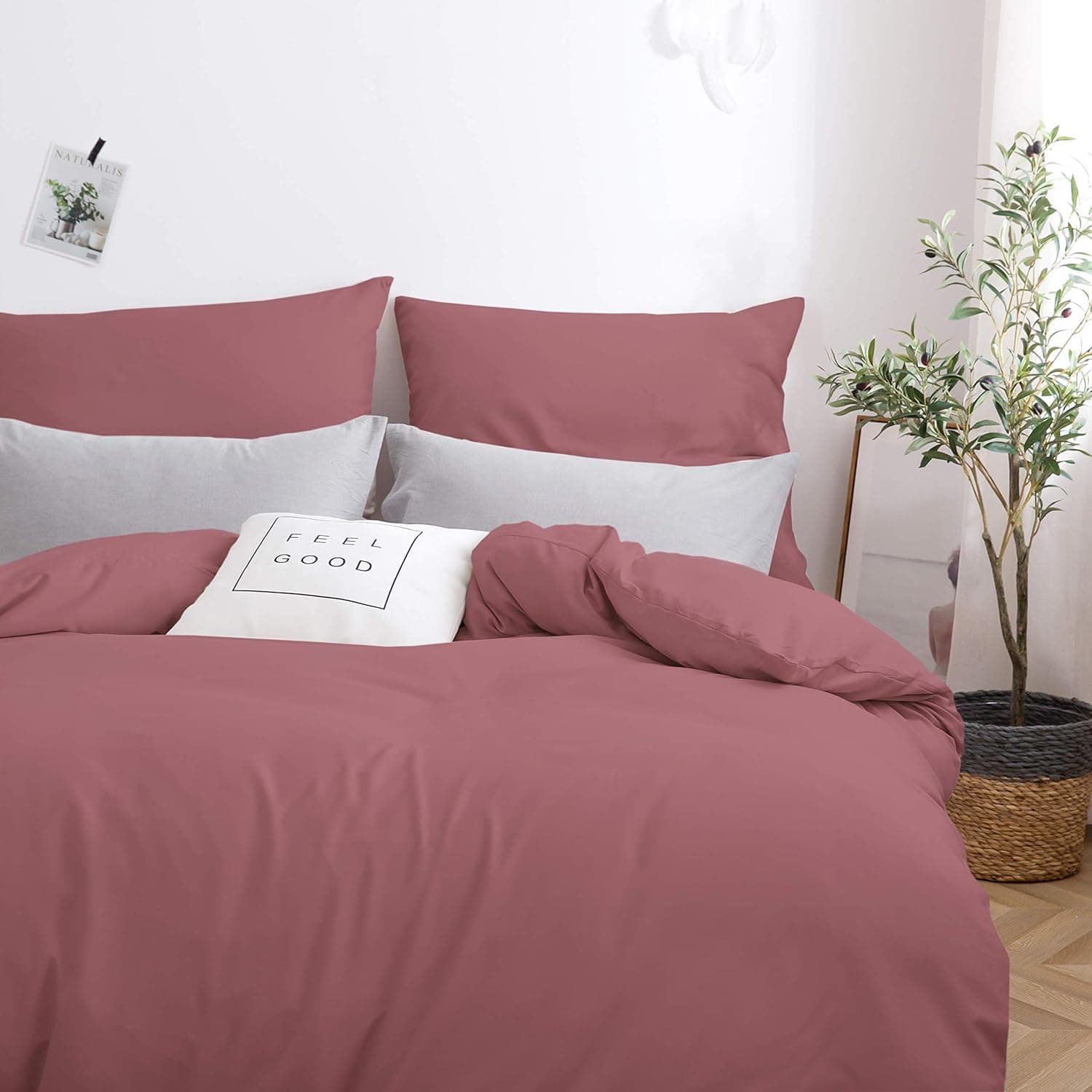 MOHAP Housse de Couette 240x260cm+2 Taies d'oreillers 65x65cm Vieux Rose Parure de Lit Adulte 2 Personnes 100 Fils/cm² en Microfibre avec Fermeture Éclair 2