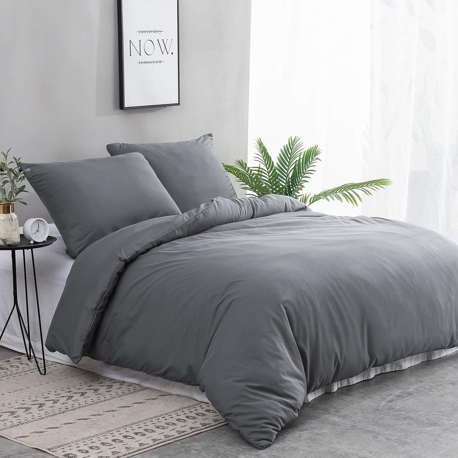 MOHAP Parure de Lit 4 Pièces Housse de Couette 200x200cm + Drap Housse 160x200cm avec 2 taies d'oreillers 65x65cm Gris pour 2 Personnes Parure 120 Fils/cm² en Microfibre 3