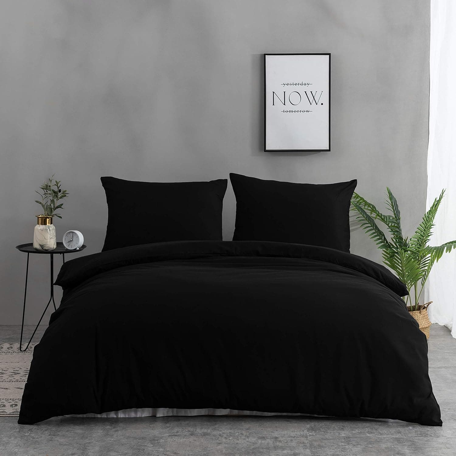 MOHAP 120 Fils/cm² Housse de Couette 240x260 cm Noir avec Taies d'Oreillers 65x65x2cm Parure de Lit 2 Personnes avec Fermeture Eclaire