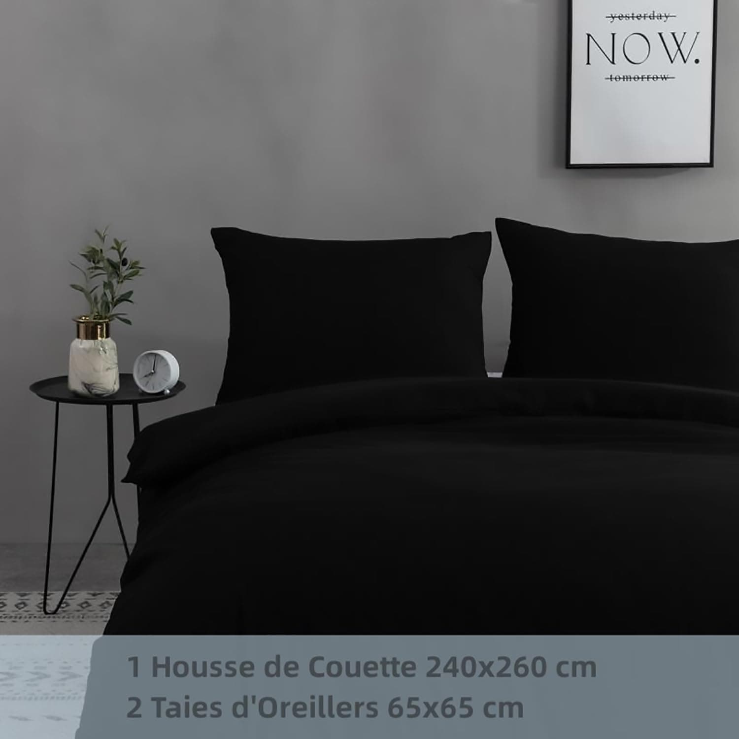 MOHAP 120 Fils/cm² Housse de Couette 240x260 cm Noir avec Taies d'Oreillers 65x65x2cm Parure de Lit 2 Personnes avec Fermeture Eclaire 8