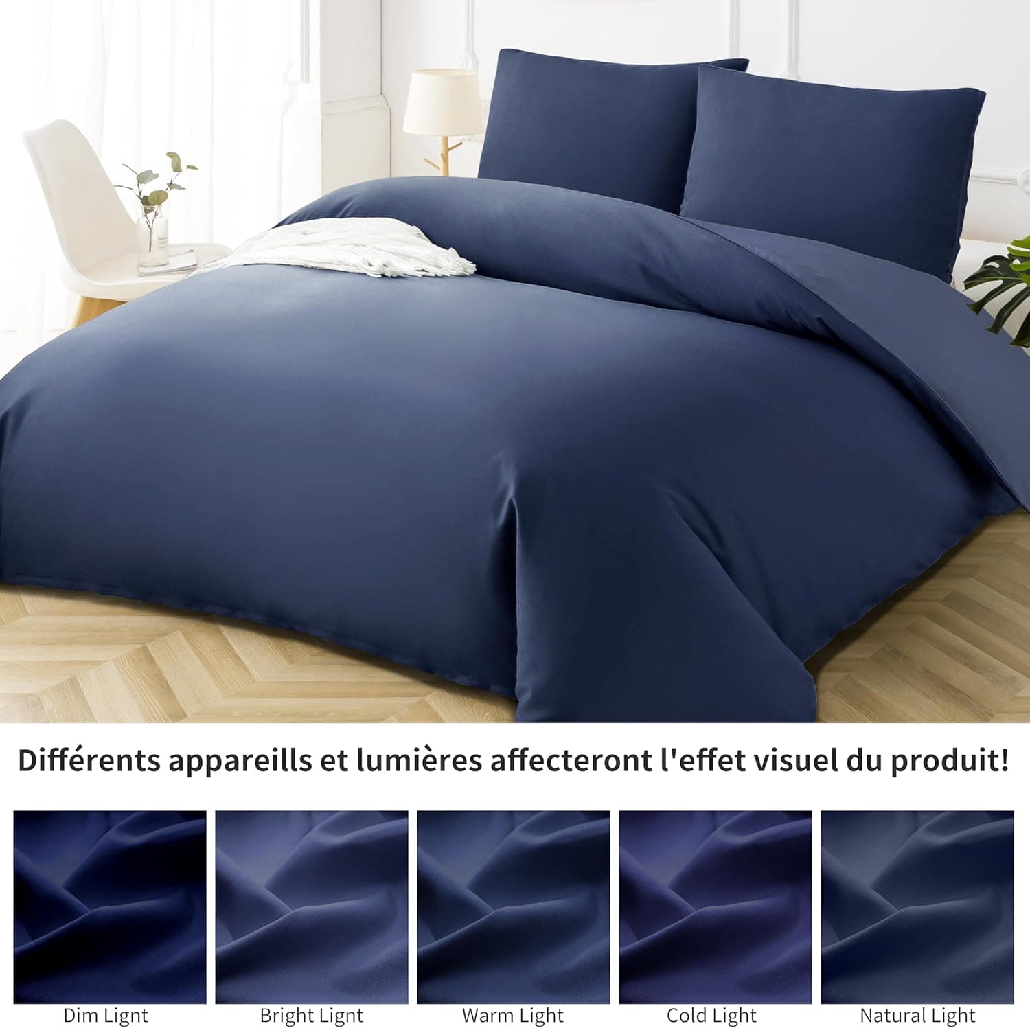 16 Couleurs Sets de Housses de Couettes 140x200 cm Double Fermeture Éclair 2 Pièces Microfibre Brossée 100 Fils/cm² + 1 Taie d'oreiller 65x65 cm Marine Parure de Lit Adulte 1 Personne 6