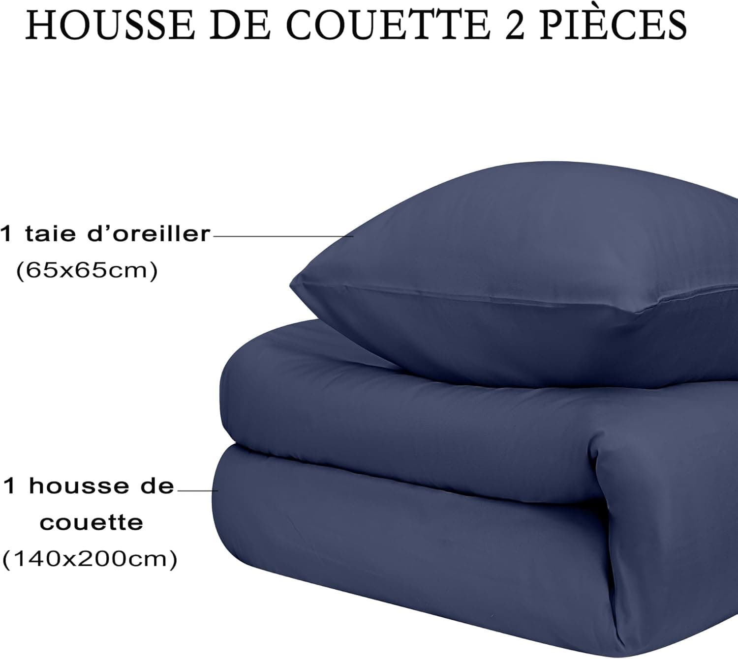 16 Couleurs Sets de Housses de Couettes 140x200 cm Double Fermeture Éclair 2 Pièces Microfibre Brossée 100 Fils/cm² + 1 Taie d'oreiller 65x65 cm Marine Parure de Lit Adulte 1 Personne 7