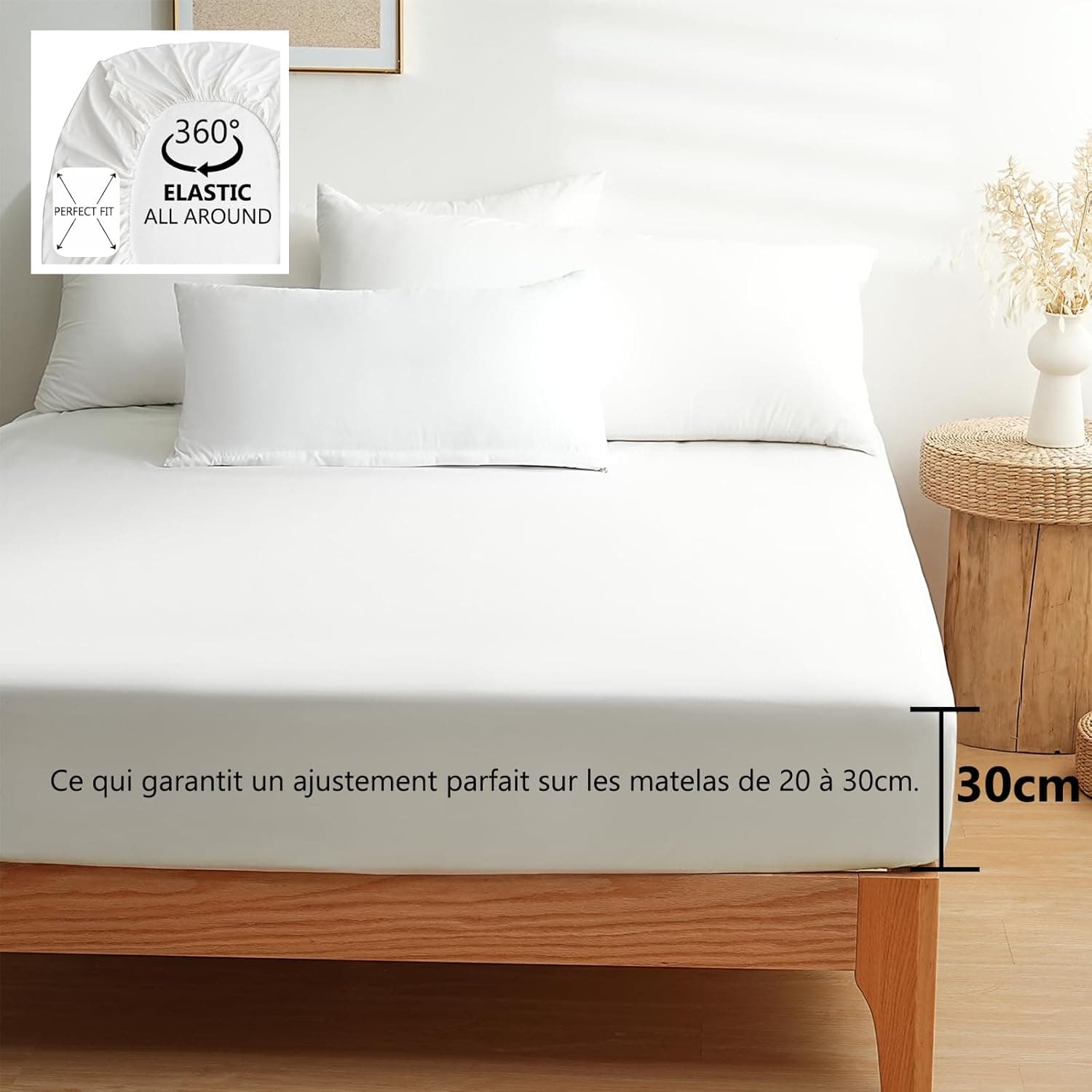 MOHAP Parure de Lit 4 Pièces Housse de Couette 200x200cm + Drap Housse 160x200cm avec 2 taies d'oreillers 65x65cm Blanc pour 2 Personnes Parure 120 Fils/cm² en Microfibre 6
