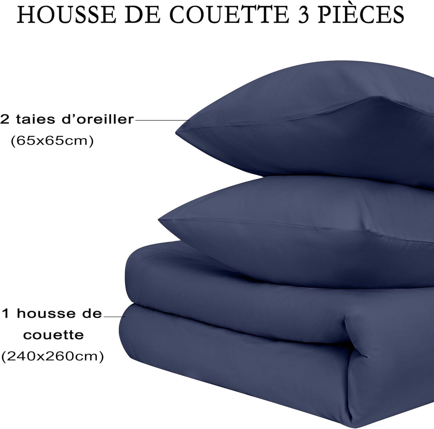 16 Couleurs Sets de Housses de Couettes 240x260 cm Double Fermeture Éclair 3 Pièces Microfibre Brossée 100 Fils/cm² + 2 Taies d'oreiller 65x65 cm Marine Parure de Lit Adulte 2 Personnes 7