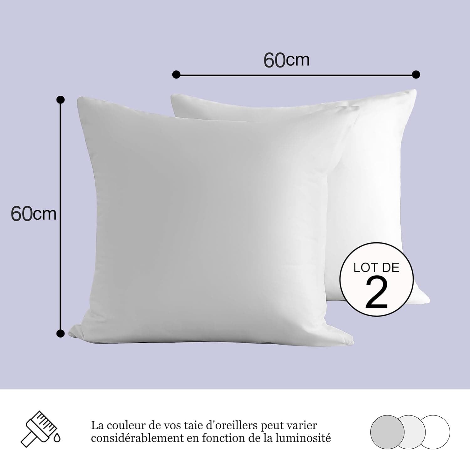 18 Couleurs Lot 2 Taie d'oreiller 60x60 cm Blanc Housse Oreiller Coussin pour Canapé Lit Fermeture Éclair Anti-Acariens Hypoallergénique Protège Oreiller Zip Microfibre 2