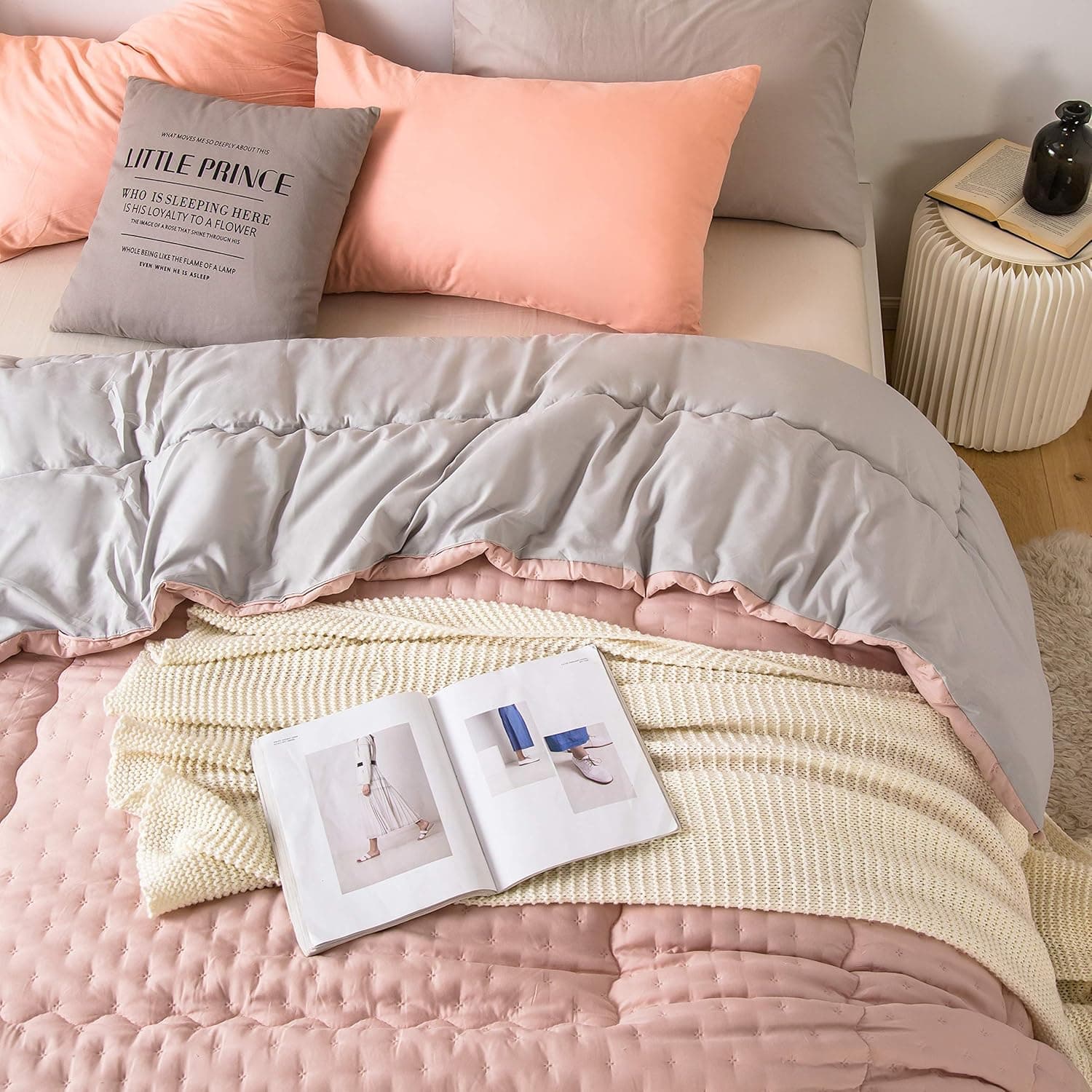MOHAP Duvet 220 x 240 cm, Cover Made of 50% Cotton, Soft Quilt, Microfibre Quilt with Filling Weight Approx. 2000 g, Ganjahresdecke Duvet, Pink/Grey 6