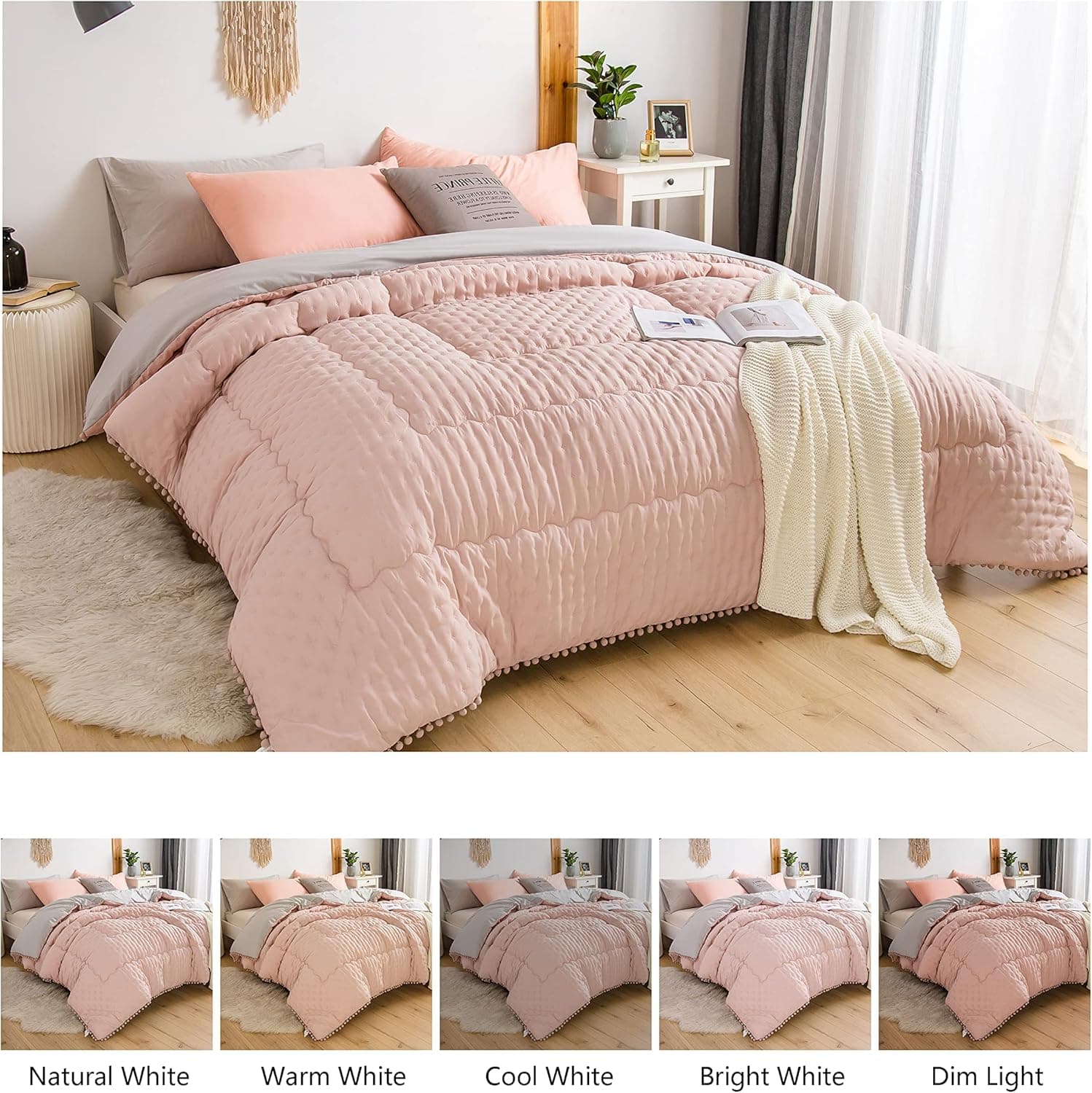 Couette Réversible Hiver 220x240 cm 450G/M² Couette 4 Saisons Hypoallergénique Couette Matelassée Dessus De Lit Boutis Couvre-Lit Couverture Édredon Couette Chaude Épais Imprimée Pompon Gris+Rose 5