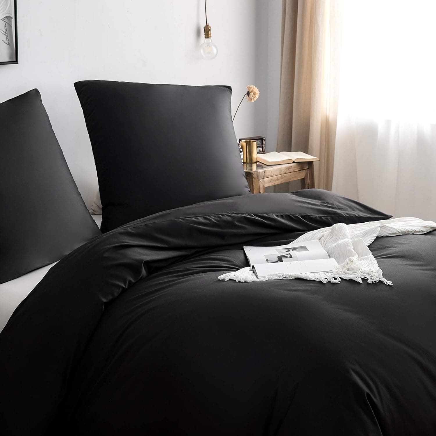 Parure de lit en coton noir 220 x 240 cm avec 1 housse de couette et 2 taies d'oreiller 80 x 80 cm 3