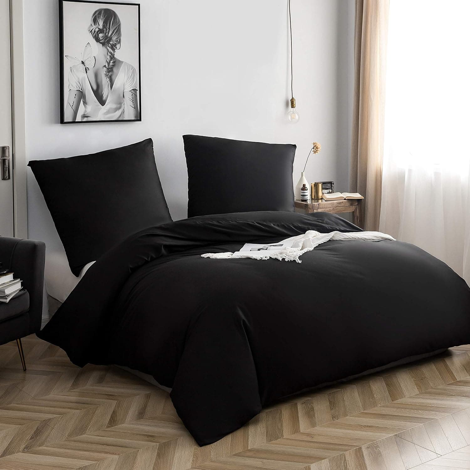 Cotton Bedding, 155 x 220 cm, Black, 1 Duvet Cover with 1 Pillowcase, 80 x 80 cm 2