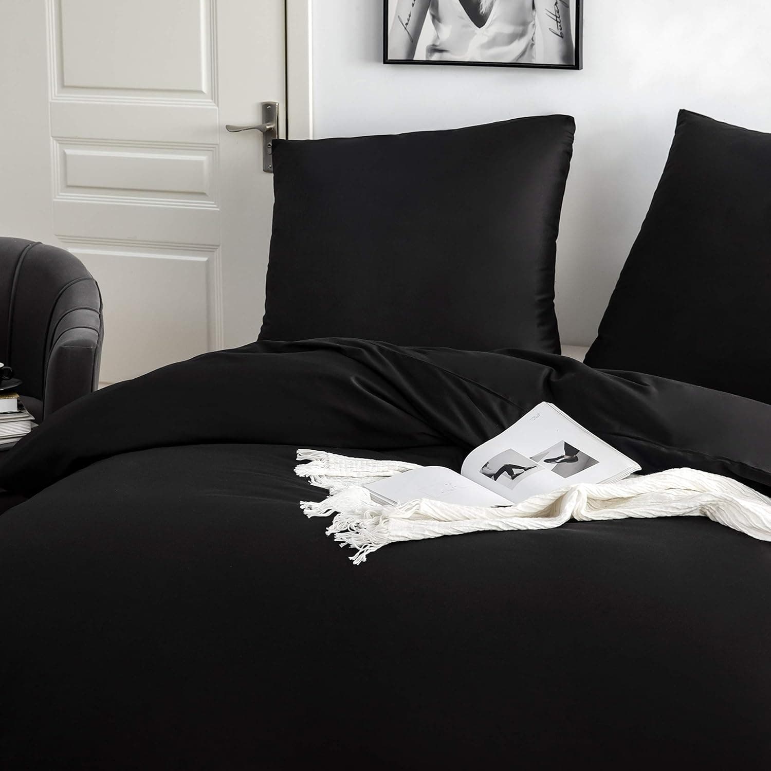 Cotton Bedding, 155 x 220 cm, Black, 1 Duvet Cover with 1 Pillowcase, 80 x 80 cm 4