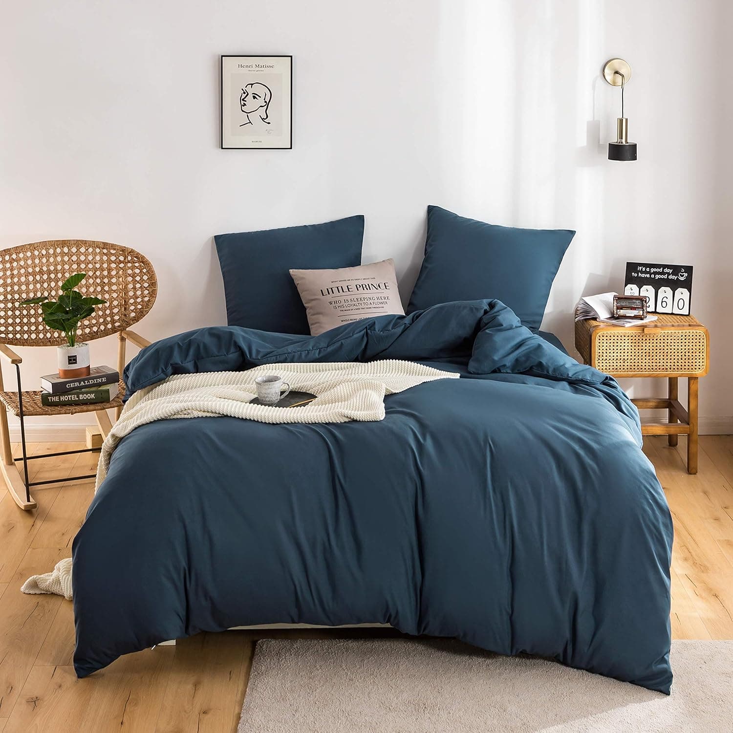 MOHAP Parure de Lit 4 Pièces Housse de Couette 200x200cm + Drap Housse 160x200cm avec 2 taies d'oreillers 65x65cm Marine pour 2 Personnes Parure 120 Fils/cm² en Microfibre