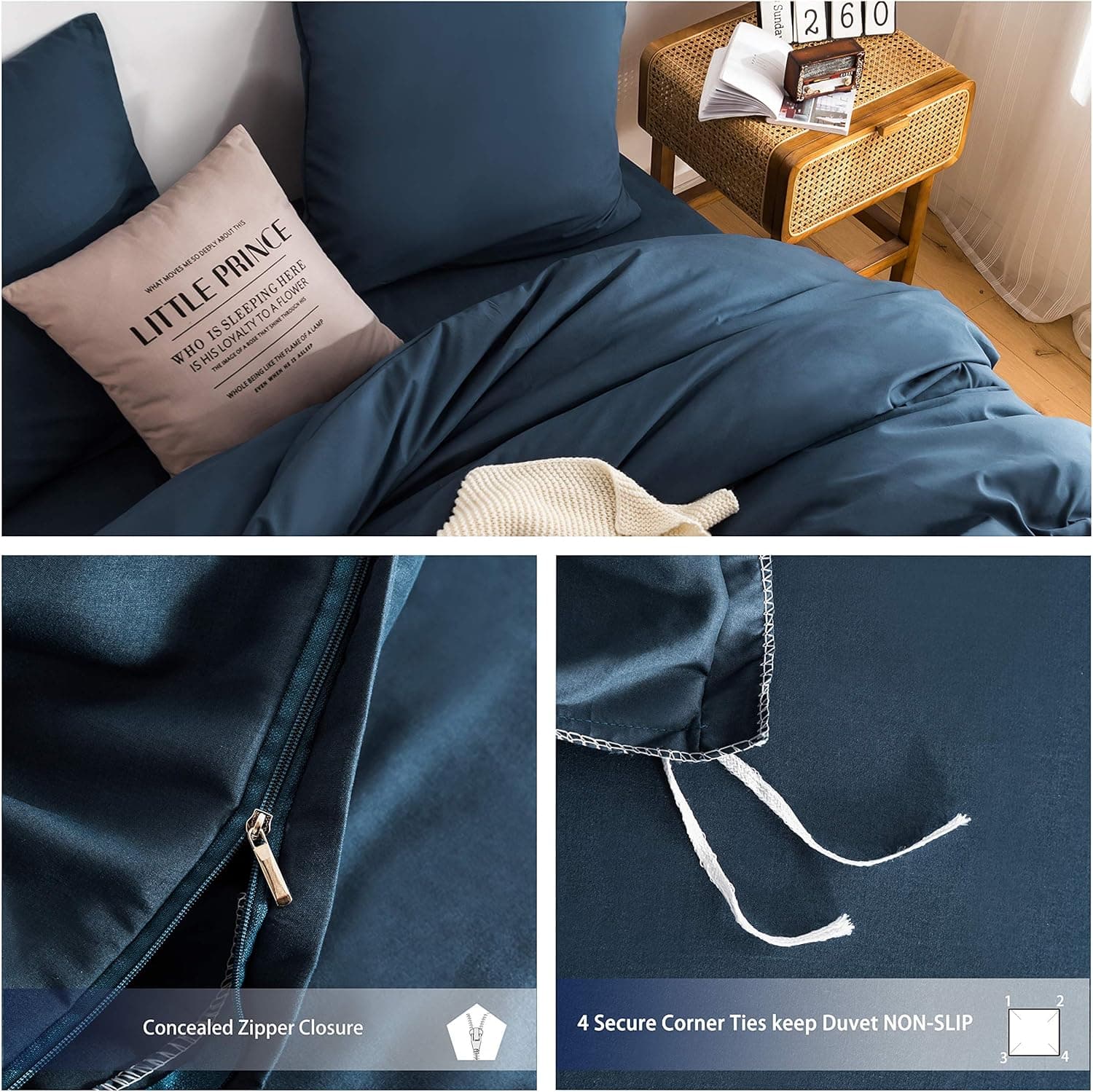 MOHAP Parure de Lit 4 Pièces Housse de Couette 200x200cm + Drap Housse 160x200cm avec 2 taies d'oreillers 65x65cm Marine pour 2 Personnes Parure 120 Fils/cm² en Microfibre 4