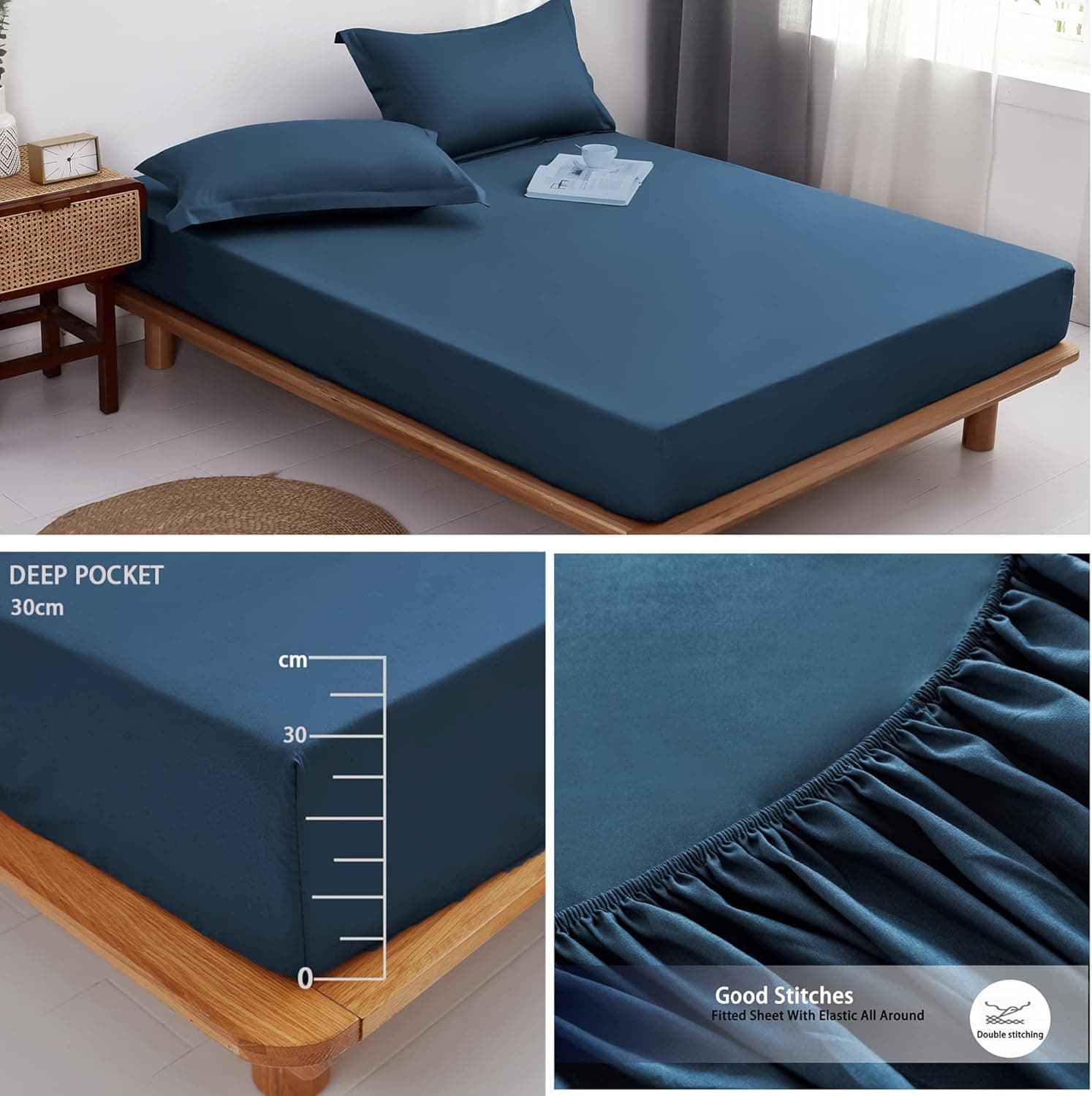 MOHAP Parure de Lit 4 Pièces Housse de Couette 200x200cm + Drap Housse 160x200cm avec 2 taies d'oreillers 65x65cm Marine pour 2 Personnes Parure 120 Fils/cm² en Microfibre 5