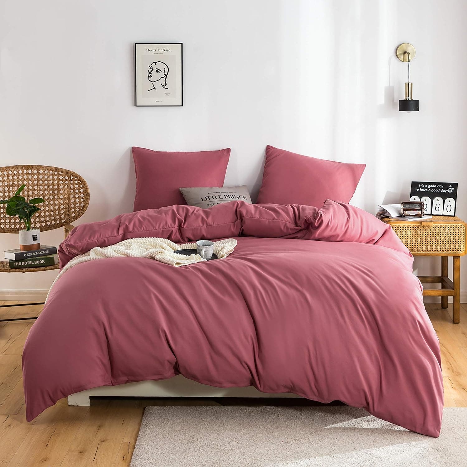 MOHAP Parure de Lit 4 Pièces Housse de Couette 200x200cm + Drap Housse 160x200cm avec 2 taies d'oreillers 65x65cm Vieux Rose pour 2 Personnes Parure 120 Fils/cm² en Microfibre