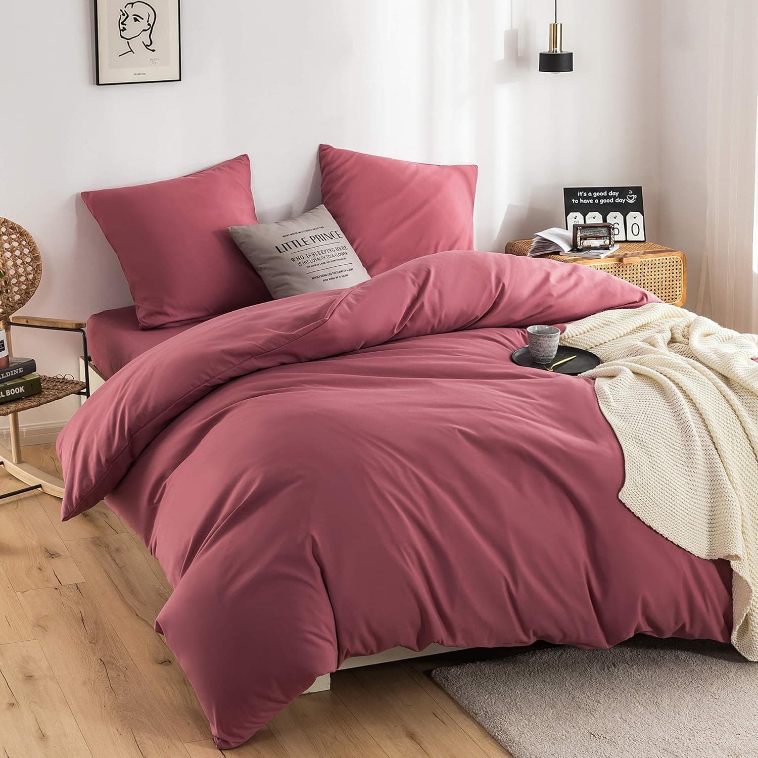 MOHAP Parure de Lit 4 Pièces Housse de Couette 200x200cm + Drap Housse 160x200cm avec 2 taies d'oreillers 65x65cm Vieux Rose pour 2 Personnes Parure 120 Fils/cm² en Microfibre 2