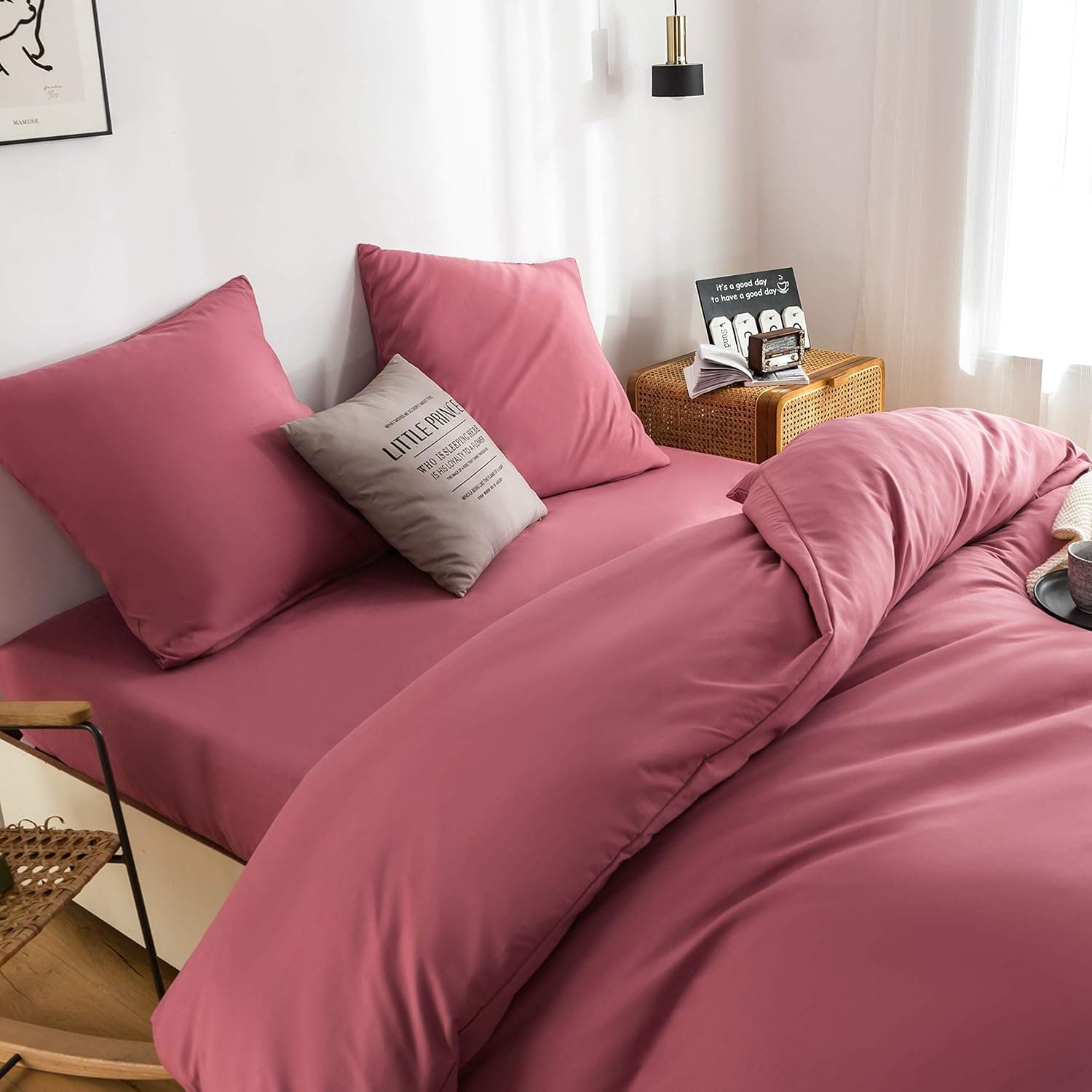 MOHAP Parure de Lit 4 Pièces Housse de Couette 200x200cm + Drap Housse 160x200cm avec 2 taies d'oreillers 65x65cm Vieux Rose pour 2 Personnes Parure 120 Fils/cm² en Microfibre 3