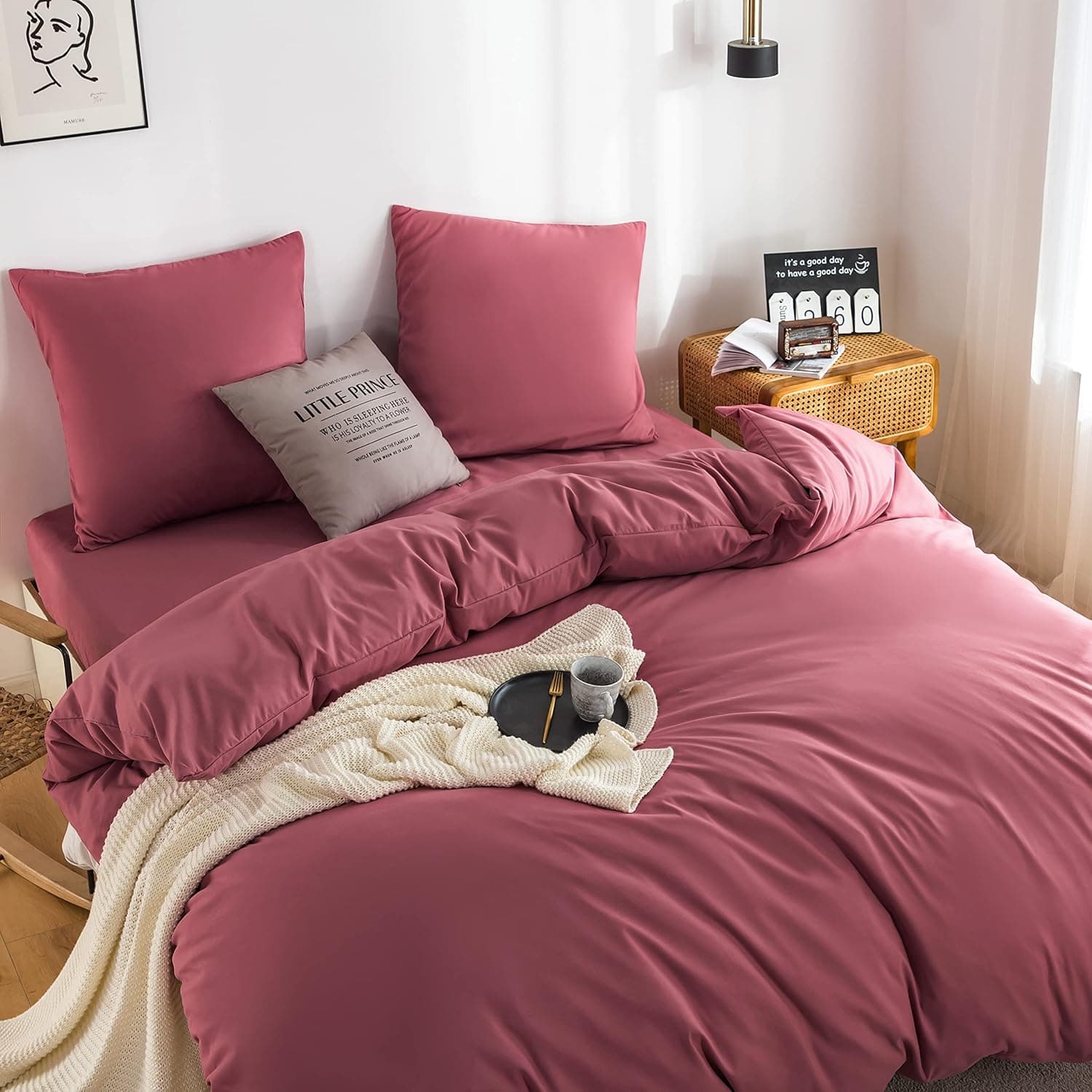 MOHAP Parure de Lit 4 Pièces Housse de Couette 200x200cm + Drap Housse 160x200cm avec 2 taies d'oreillers 65x65cm Vieux Rose pour 2 Personnes Parure 120 Fils/cm² en Microfibre 4