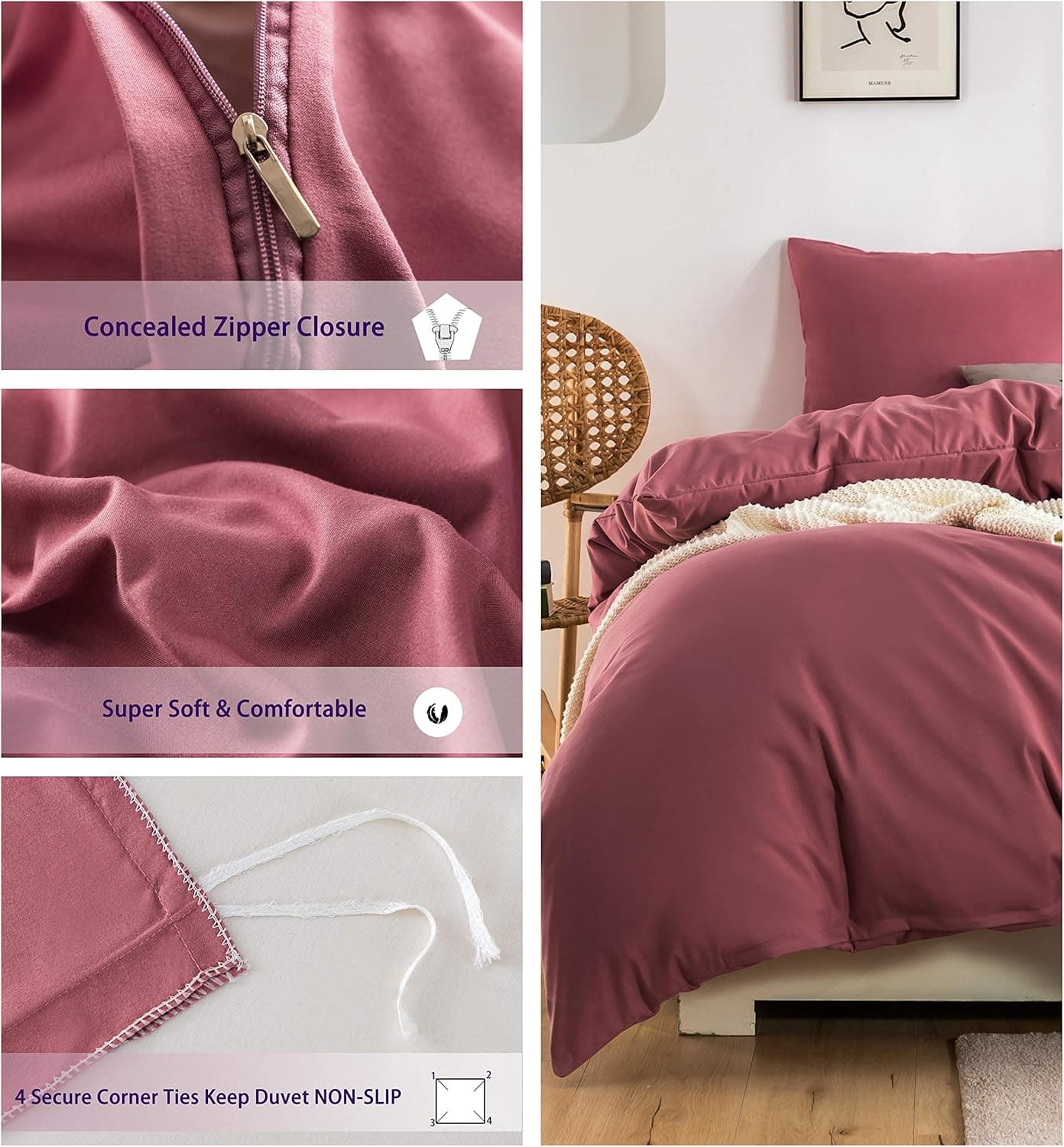 MOHAP Parure de Lit 4 Pièces Housse de Couette 200x200cm + Drap Housse 160x200cm avec 2 taies d'oreillers 65x65cm Vieux Rose pour 2 Personnes Parure 120 Fils/cm² en Microfibre 6