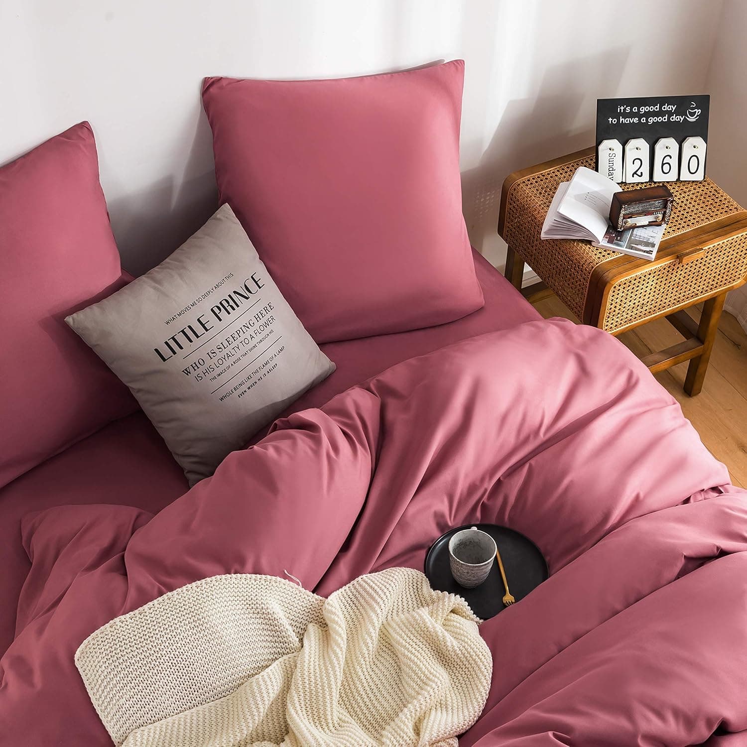 MOHAP Parure de Lit 4 Pièces Housse de Couette 200x200cm + Drap Housse 160x200cm avec 2 taies d'oreillers 65x65cm Vieux Rose pour 2 Personnes Parure 120 Fils/cm² en Microfibre 7