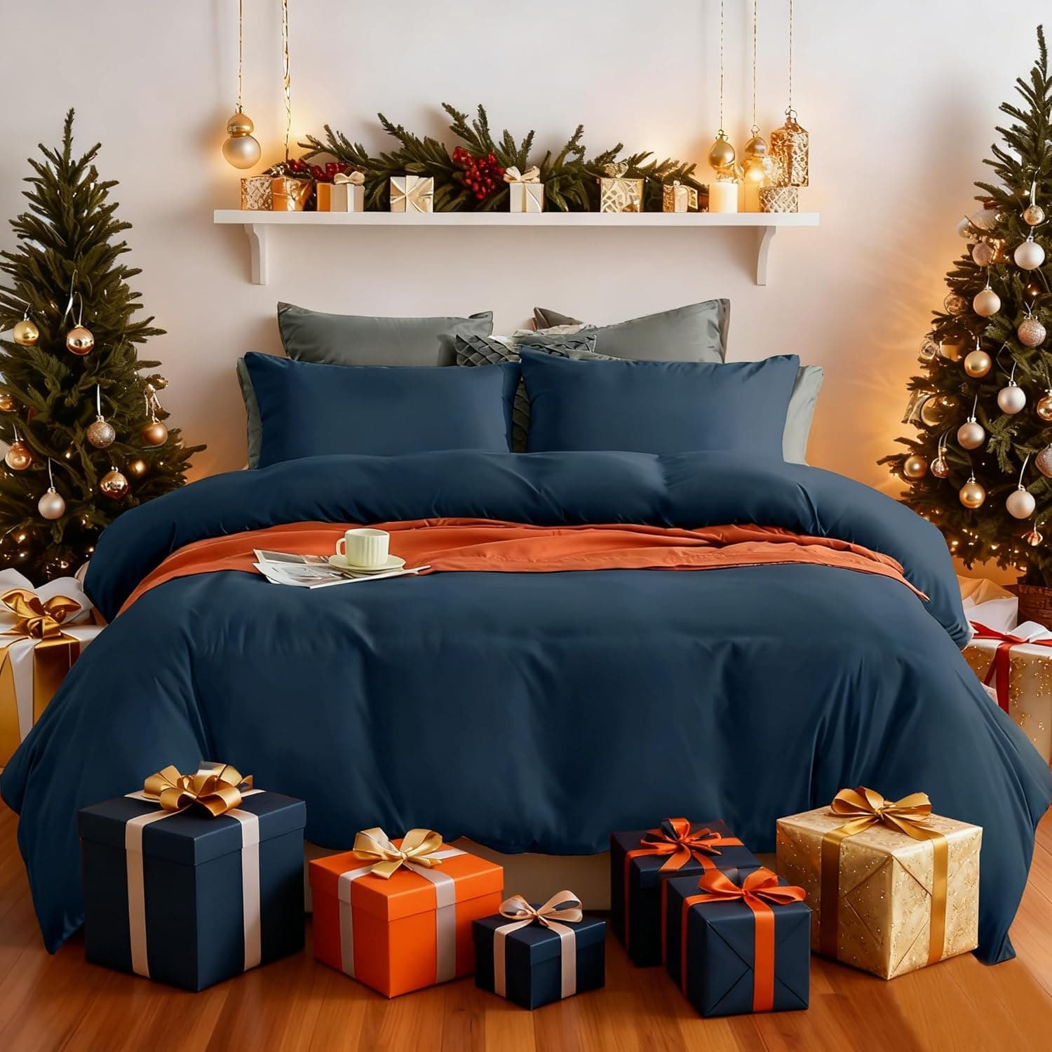 Warm Bedding Set and Fitted Sheet Double Size 110GSM 4 Pieces Brushed Microfiber with 1 Duvet Cover with 2 zippers 2 Pillowcases and 1 Fitted Sheet Navy